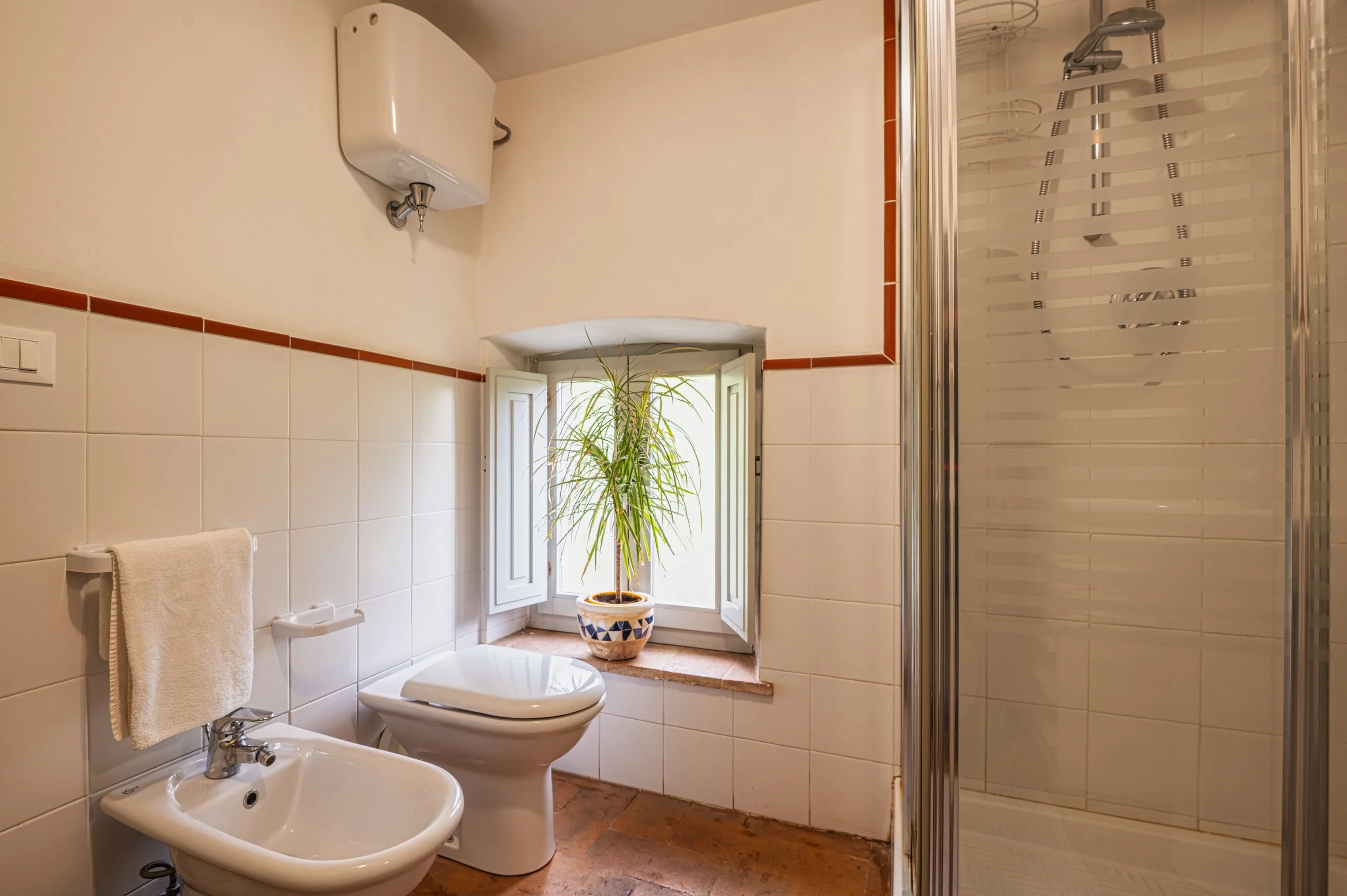 Bagno con water, bidet, bassa finestra con pianta, piastrelle bianche, doccia con porte in vetro