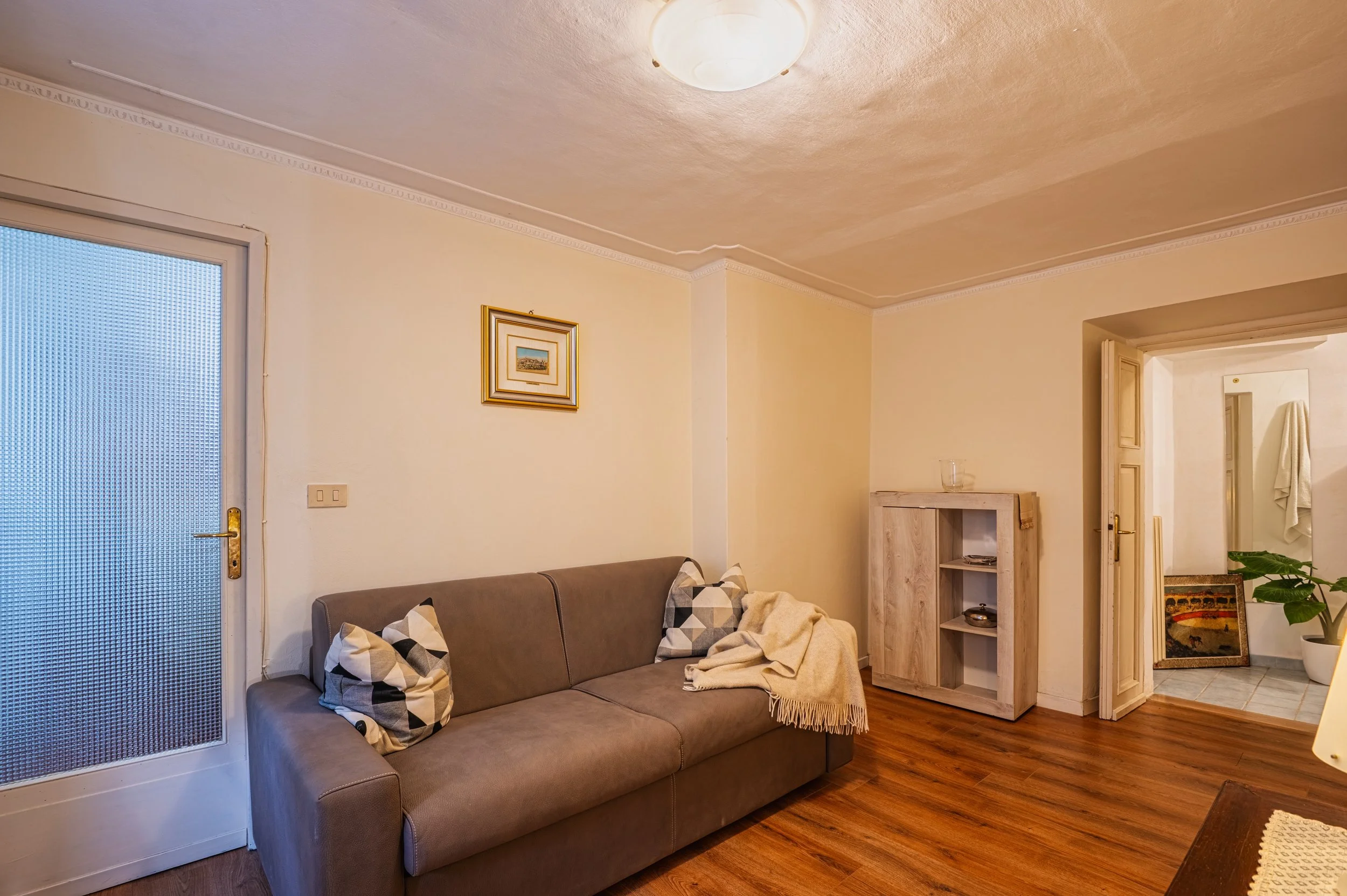 Soggiorno con divano marrone, quadro su parete, armadio in legno chiaro, porta con vetro satinato, pianta in vaso, tappeto e quadro appoggiato per terra.