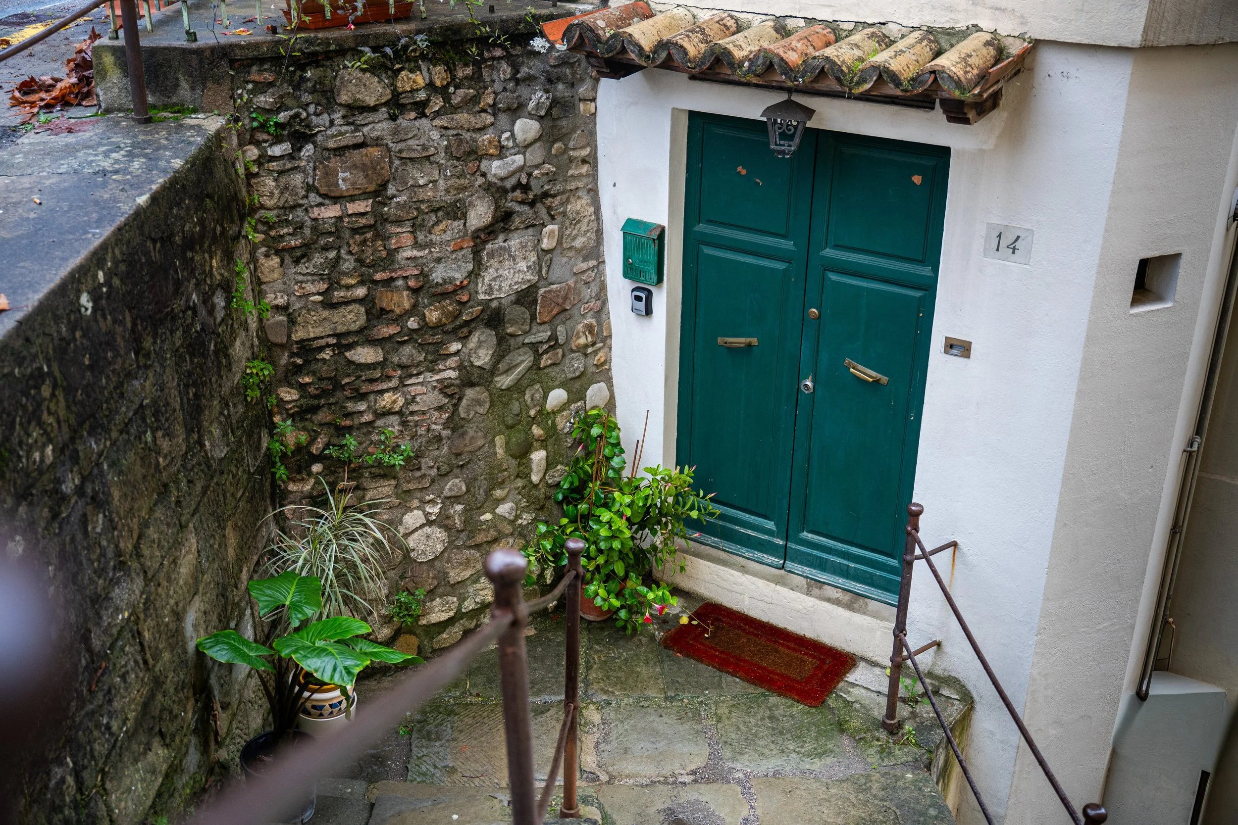 Porta verde in una parete di pietre e mattoni con numero civico 14, con piante e tappetino rosso davanti.
