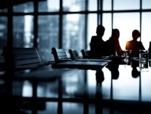 Silhouettes of three businesspeople in a meeting room with large windows and empty office chairs around a conference table.