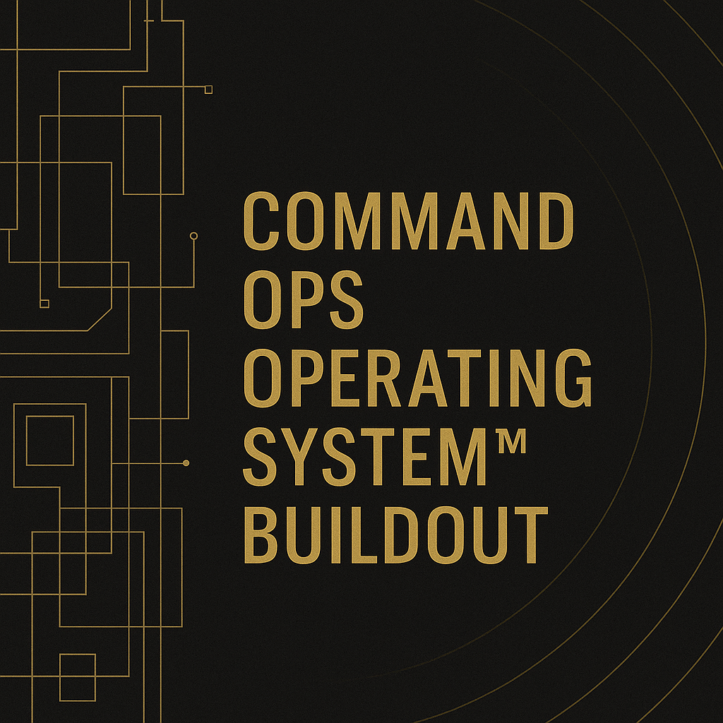 Cover of a training or technology course titled 'Command Ops Operating System™ Buildout,' with a black background and gold circuit-like lines on the left and right edges.