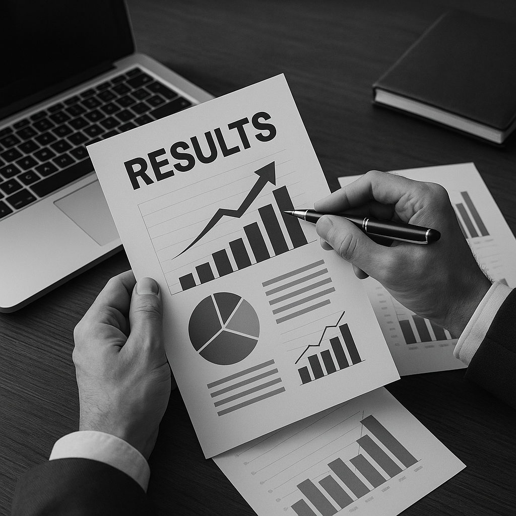 Person holding a report titled 'Results' with bar charts, pie chart, and line graph on a desk, with a laptop and notebook nearby.