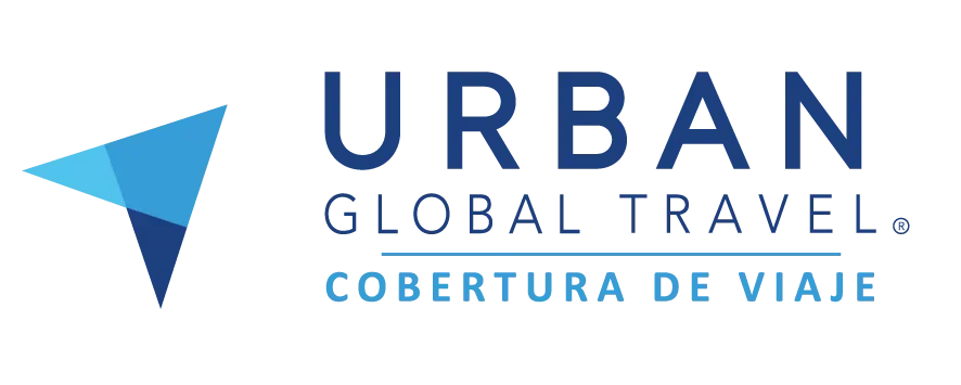 Logotipo de Urban Global Travel, con un avión estilizado y texto en diferentes tamaños y colores que dice 'Urban Global Travel' y 'Cobertura de Viaje'.
