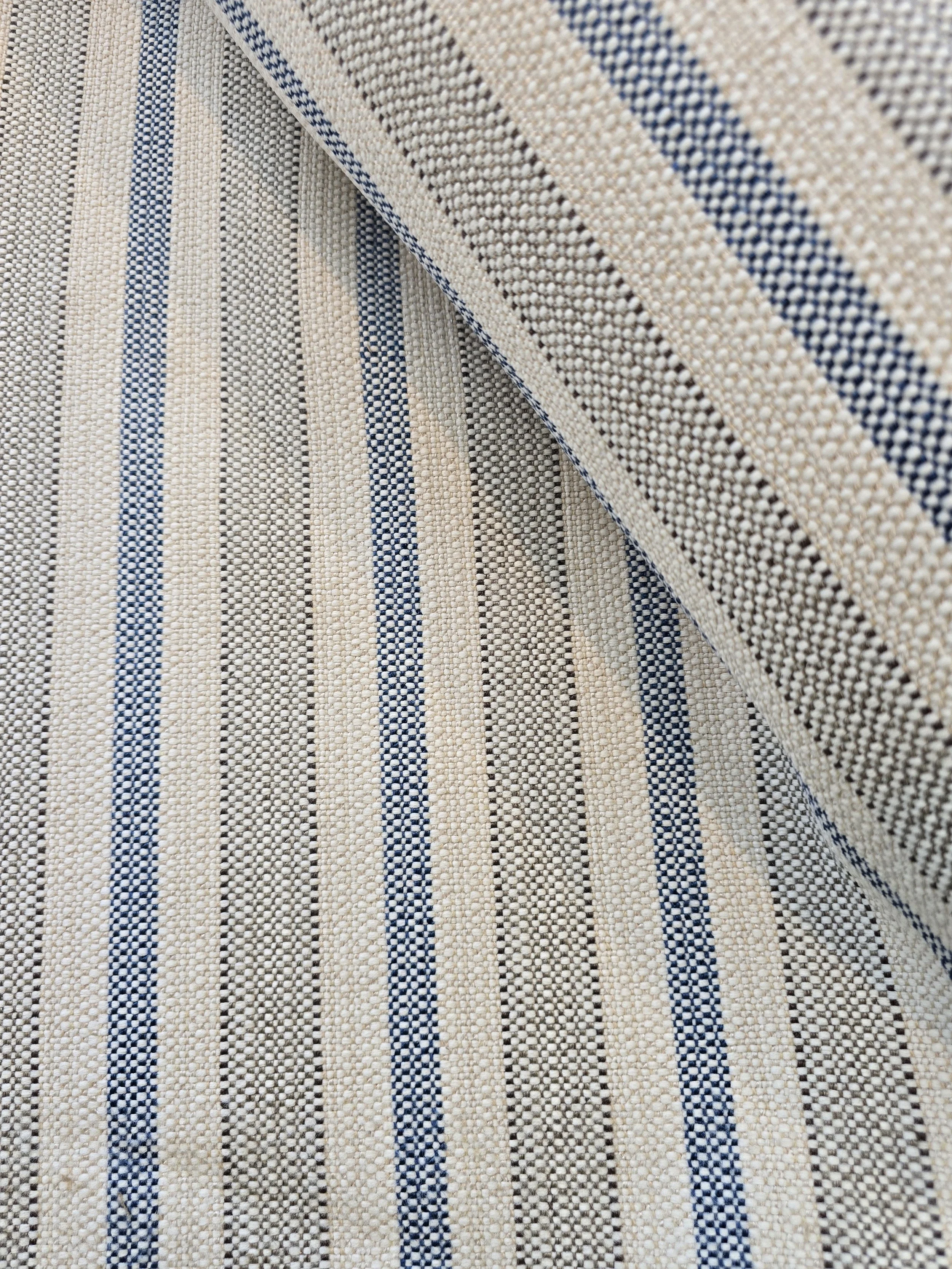 Wool Blend Tweed Jacquard Stripe Fabric - Blue & Cream