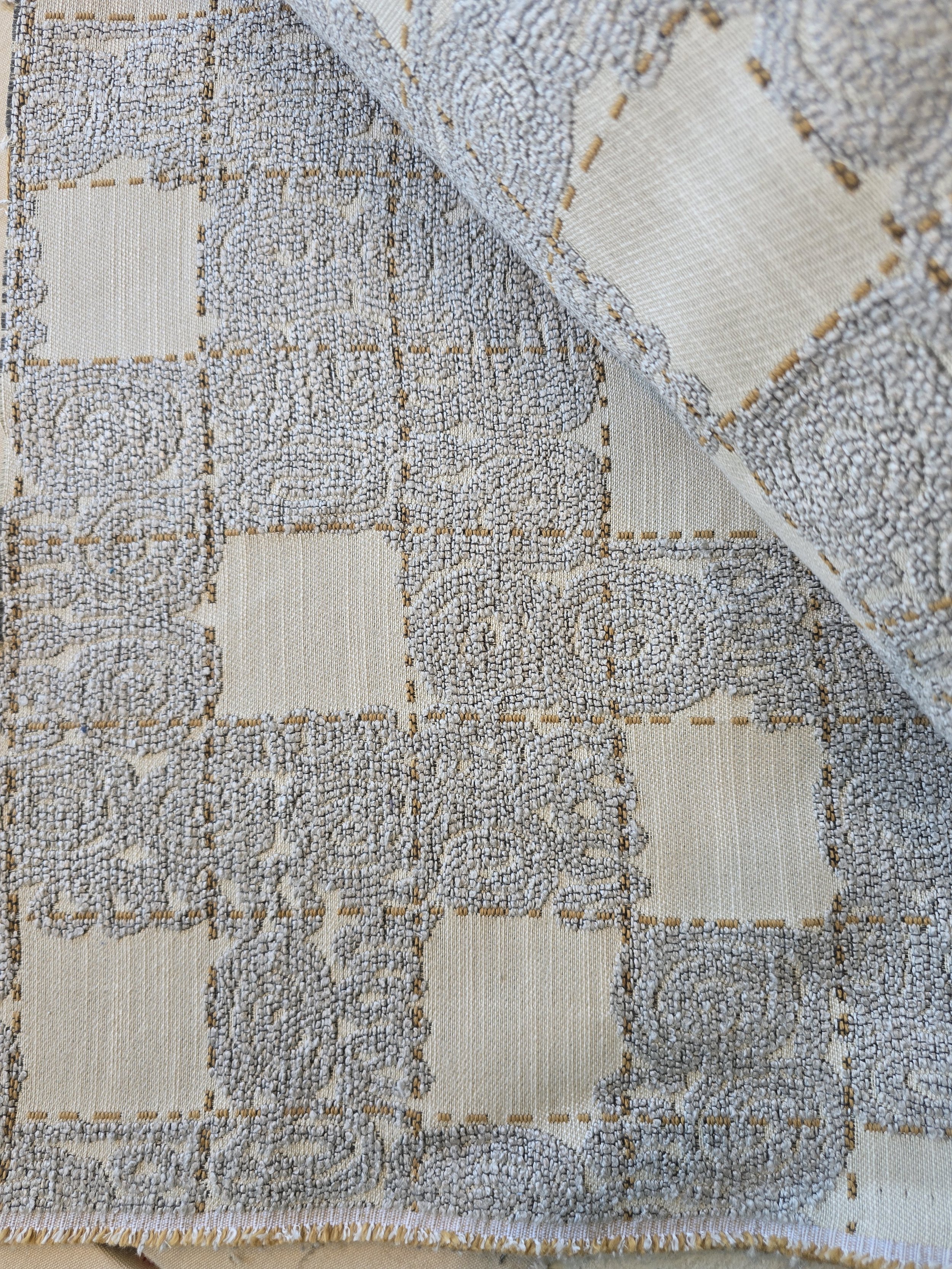 Blue & Cream Bouclé Jacquard Fabric with Scroll Motifs