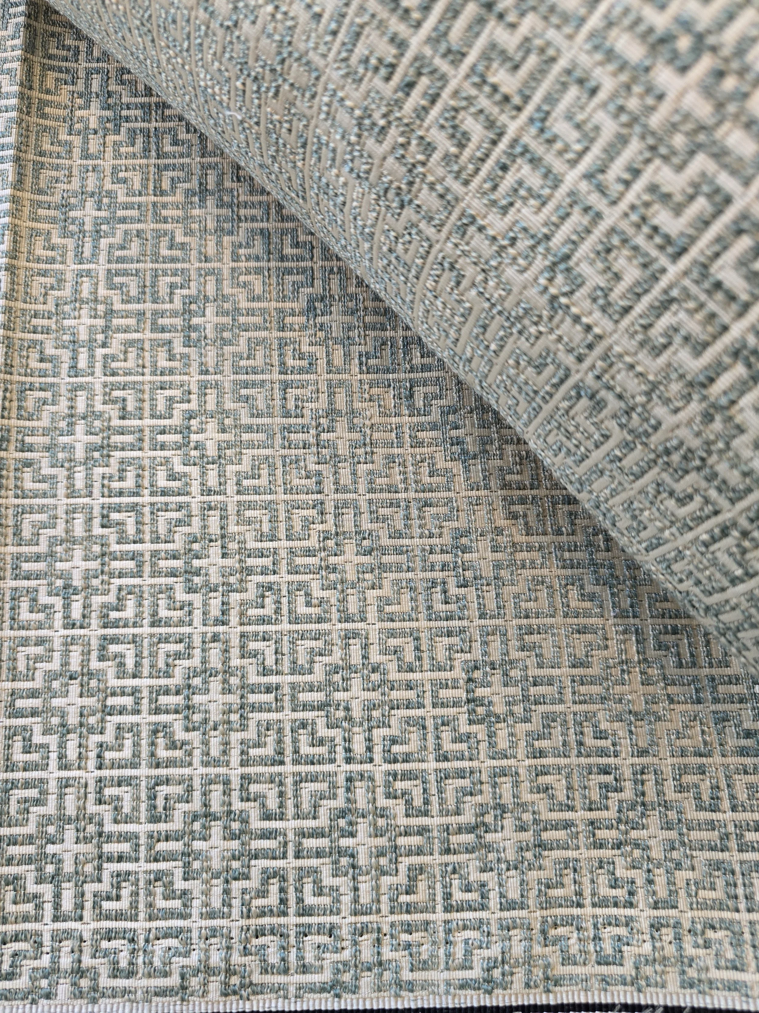 Greek Key Geometric Upholstery Fabric in Aqua/Teal and Ivy Green