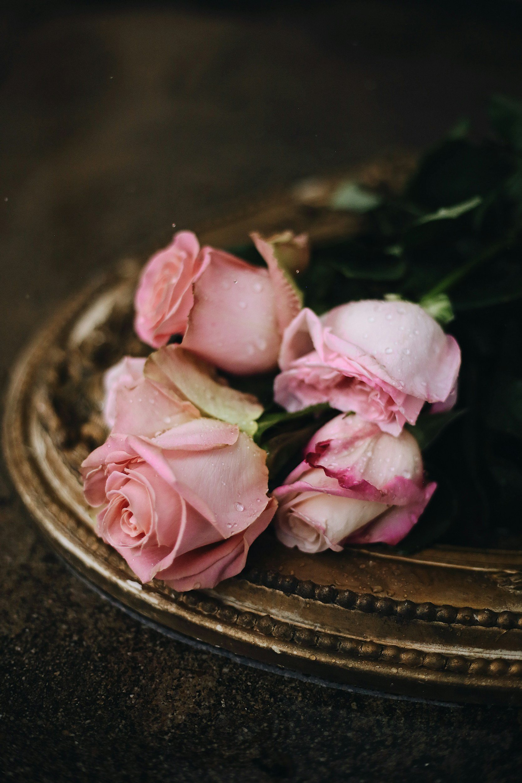 Group of pink roses with water droplets on their petals, placed on a decorative metallic tray.