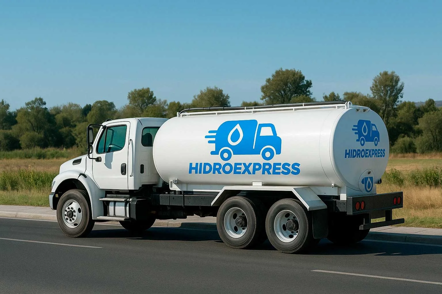 White water delivery truck with blue logo and text 'HIDROEXPRESS' driving on highway.