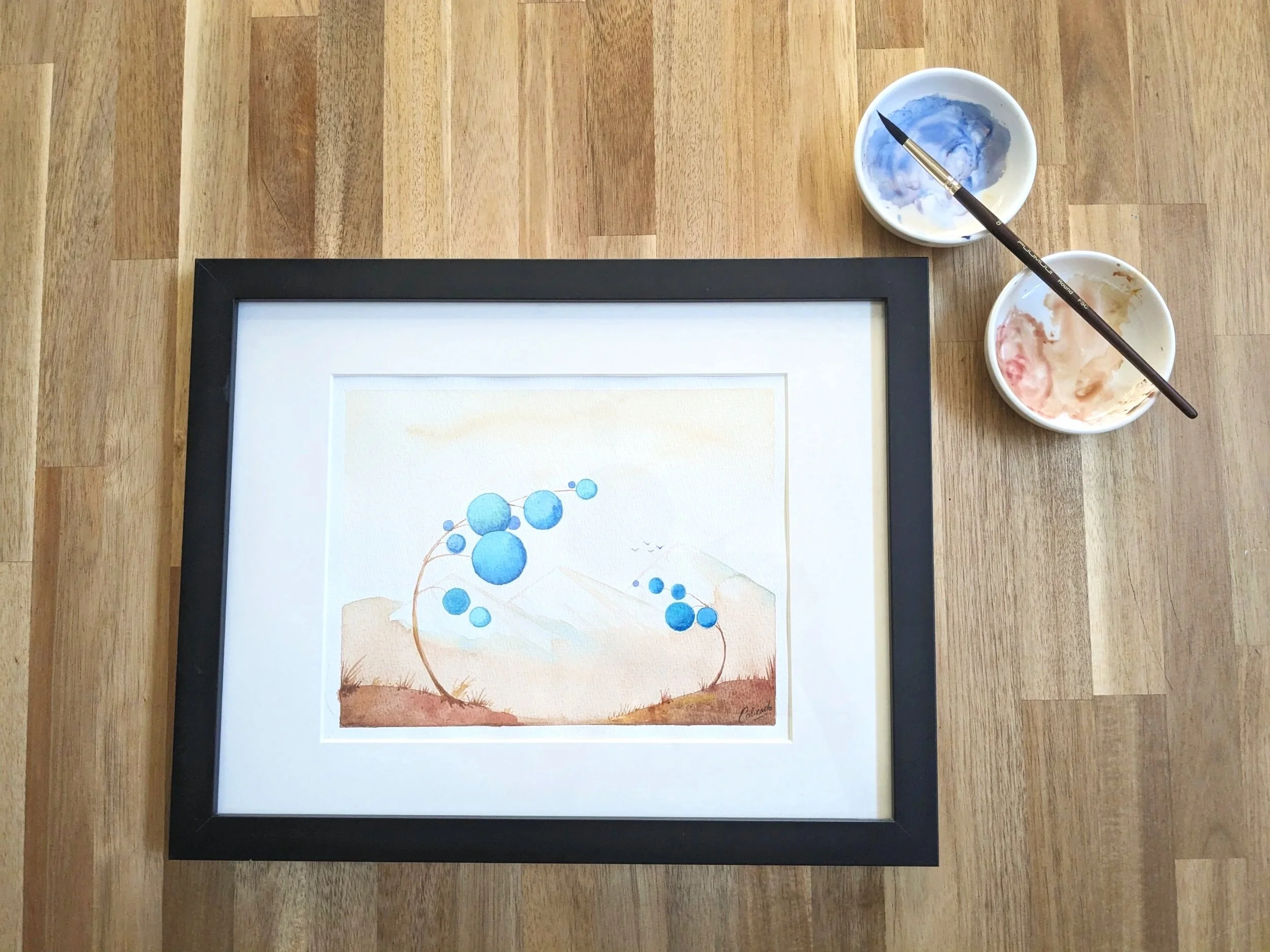 Bubble tree Flatiron - original watercolor - brown and teal