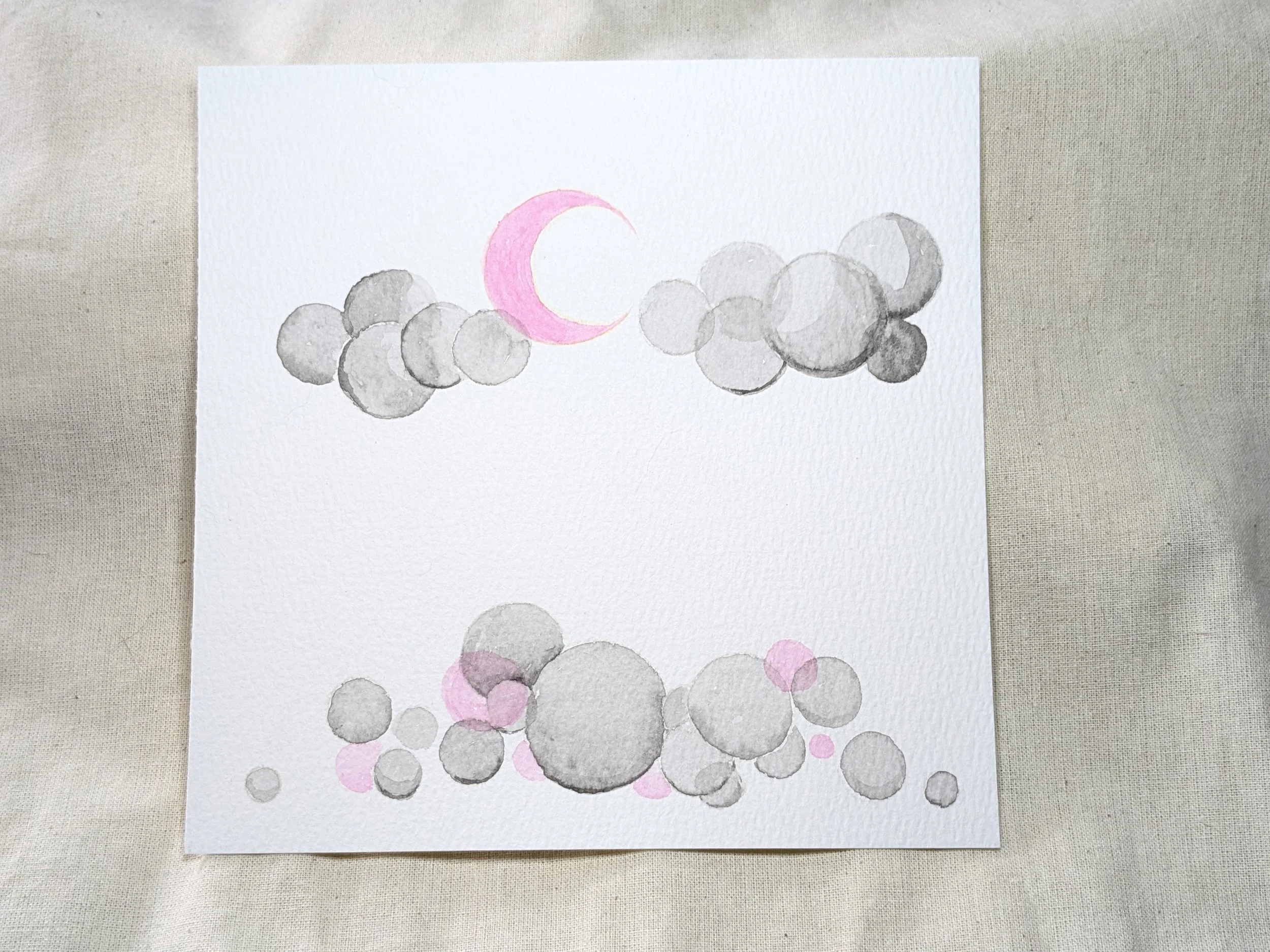 Moon in a cloudy sky over burning rubble