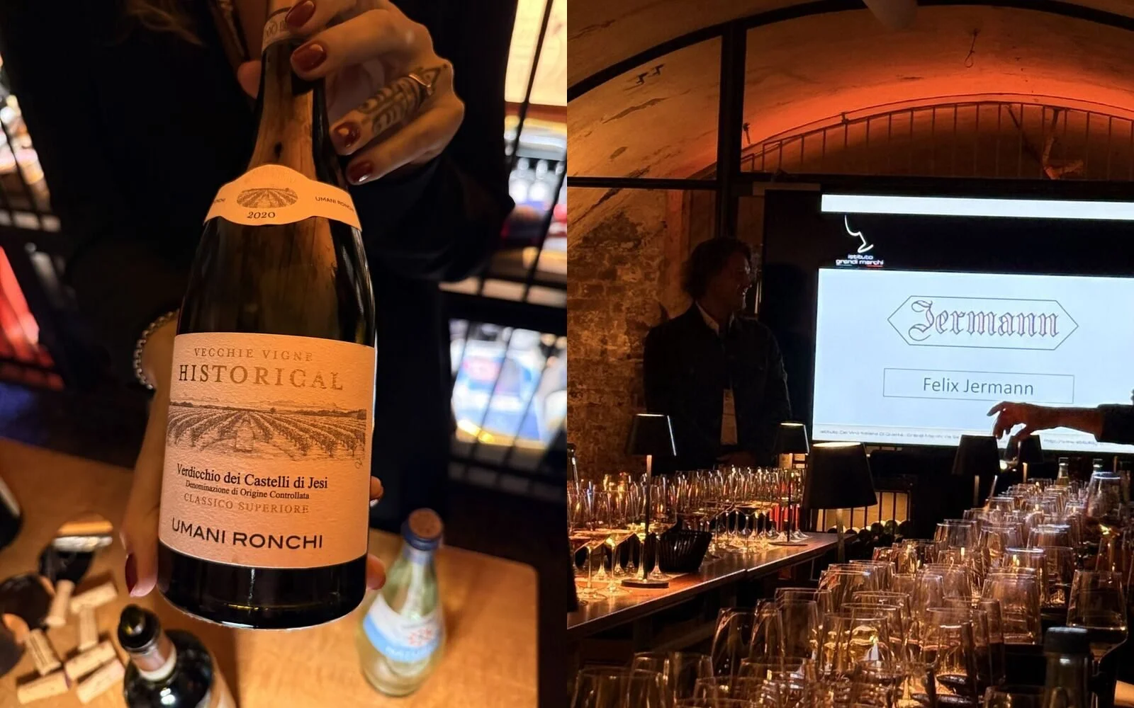 Bottle of Umani Ronchi Vecchie Vigne Historical Verdicchio dei Castelli di Jesi Classico Superiore, next to a Jermann presentation slide at the Istituto Grandi Marchi masterclass in Cologne