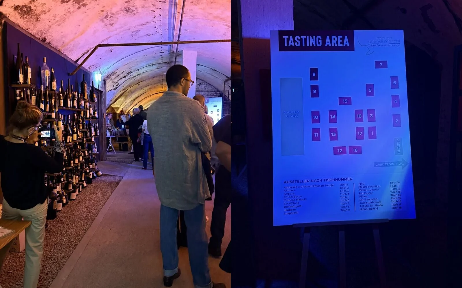 Visitors walking through the vaulted wine cellar corridor lined with bottles at the Istituto Grandi Marchi Grand Tasting in Cologne, and the illuminated Tasting Area map showing the producer tables