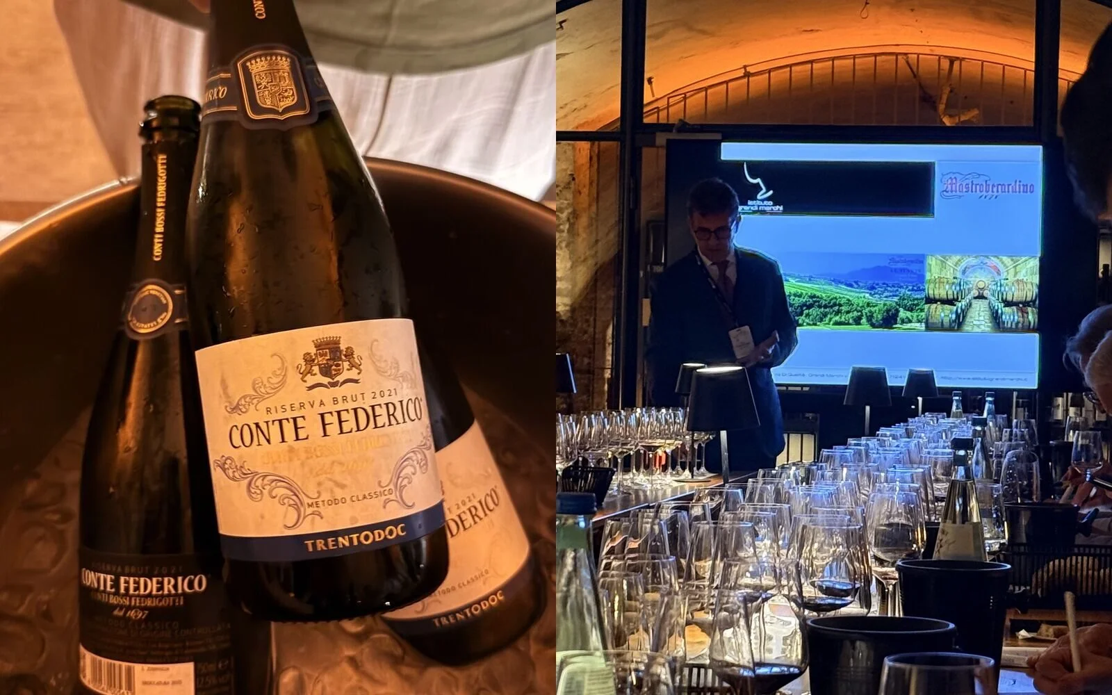 Conte Federico Riserva Brut 2021 Trentodoc bottles in an ice bucket next to a Mastroberardino presenter and slide at the Istituto Grandi Marchi masterclass in the wineBANK Köln cellar