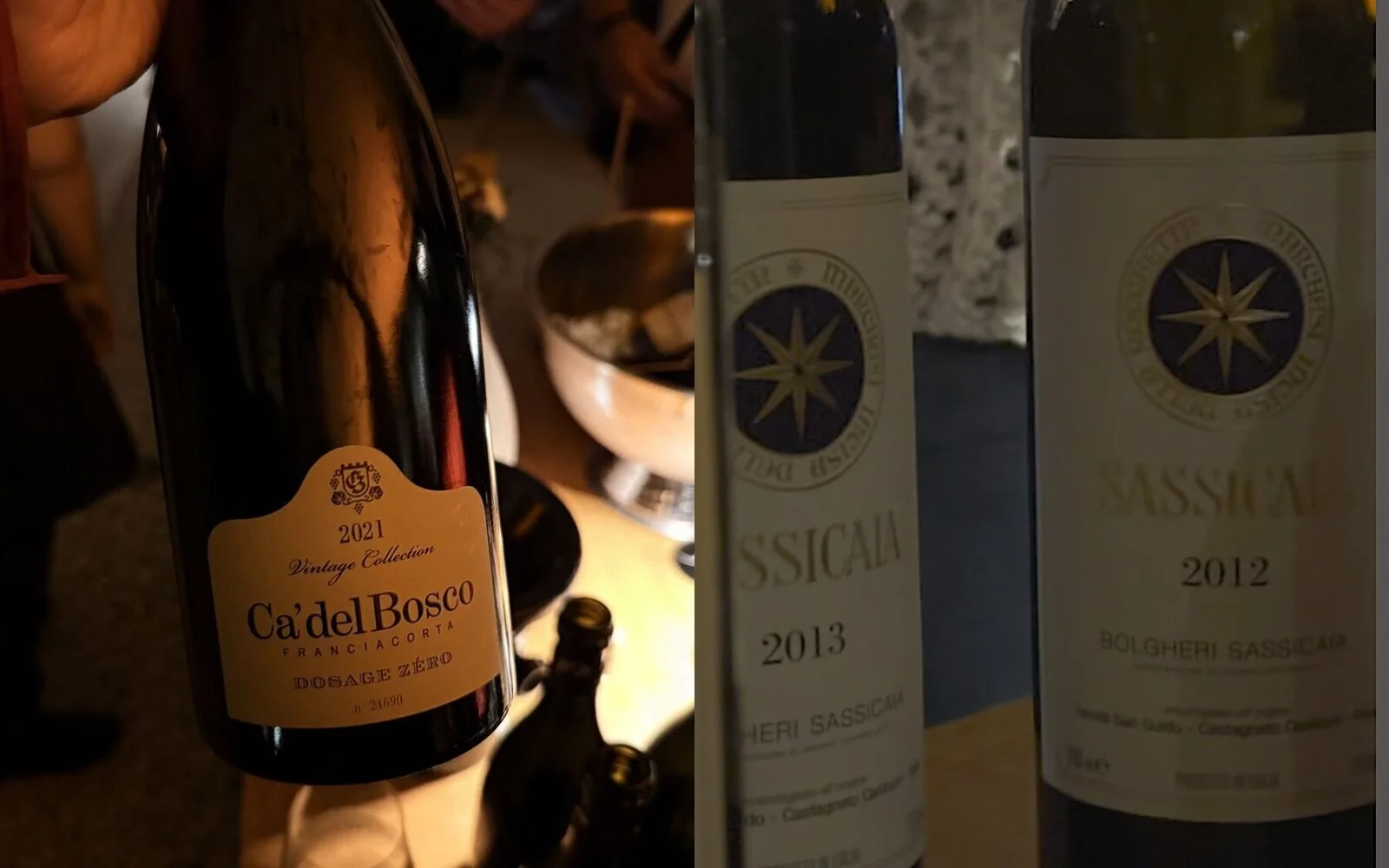 Bottle of Ca' del Bosco Vintage Collection Dosage Zéro Franciacorta beside bottles of Sassicaia 2012 and 2013 from Tenuta San Guido, Bolgheri, at the Istituto Grandi Marchi masterclass