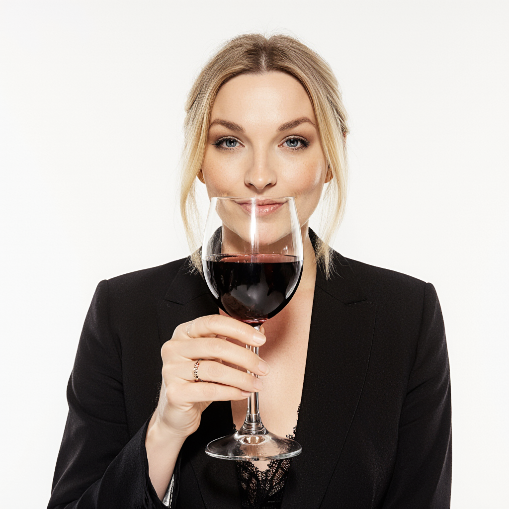 A woman in a black blazer holding a glass of red wine near her face.