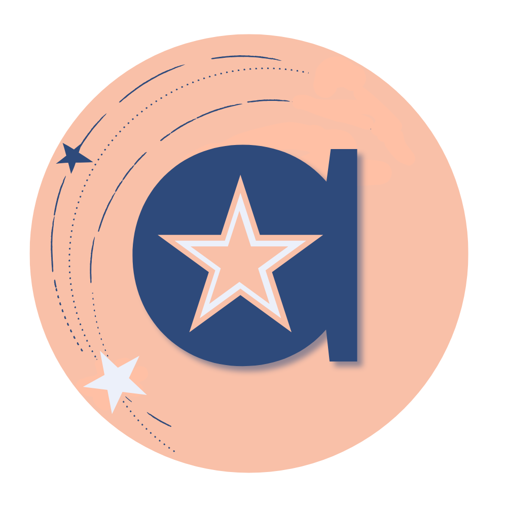 Graphic with a large letter 'd' and stars, resembling a space or celestial theme.