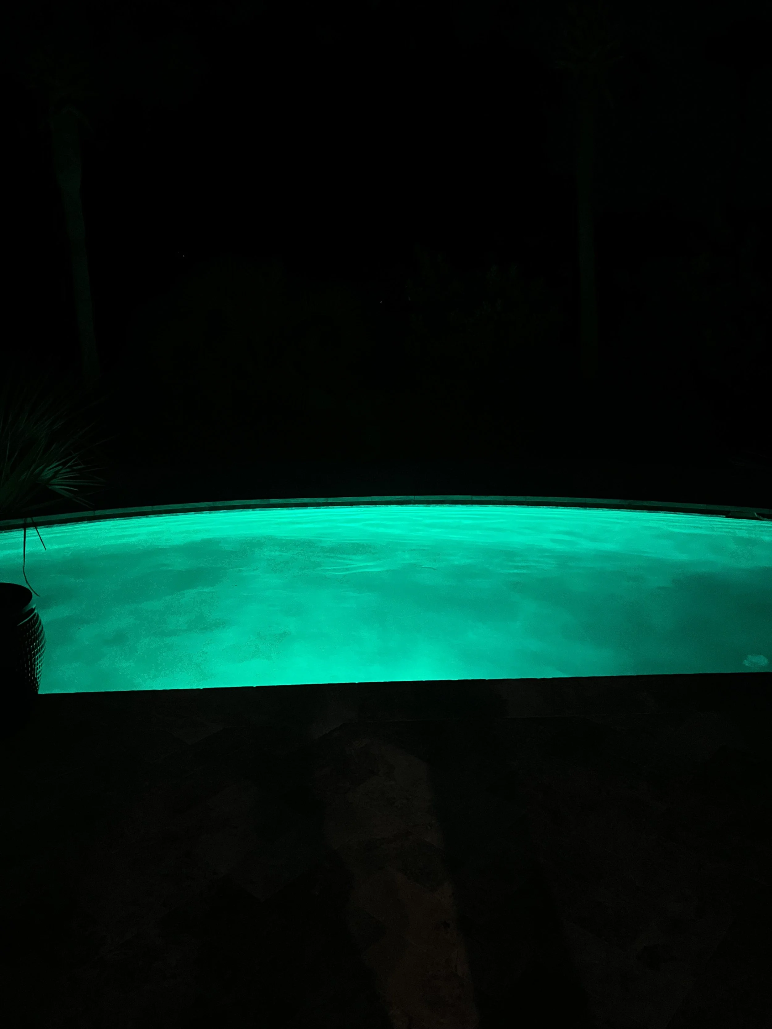 A swimming pool illuminated with green lights at night, with a dark background and some plants on the sides.