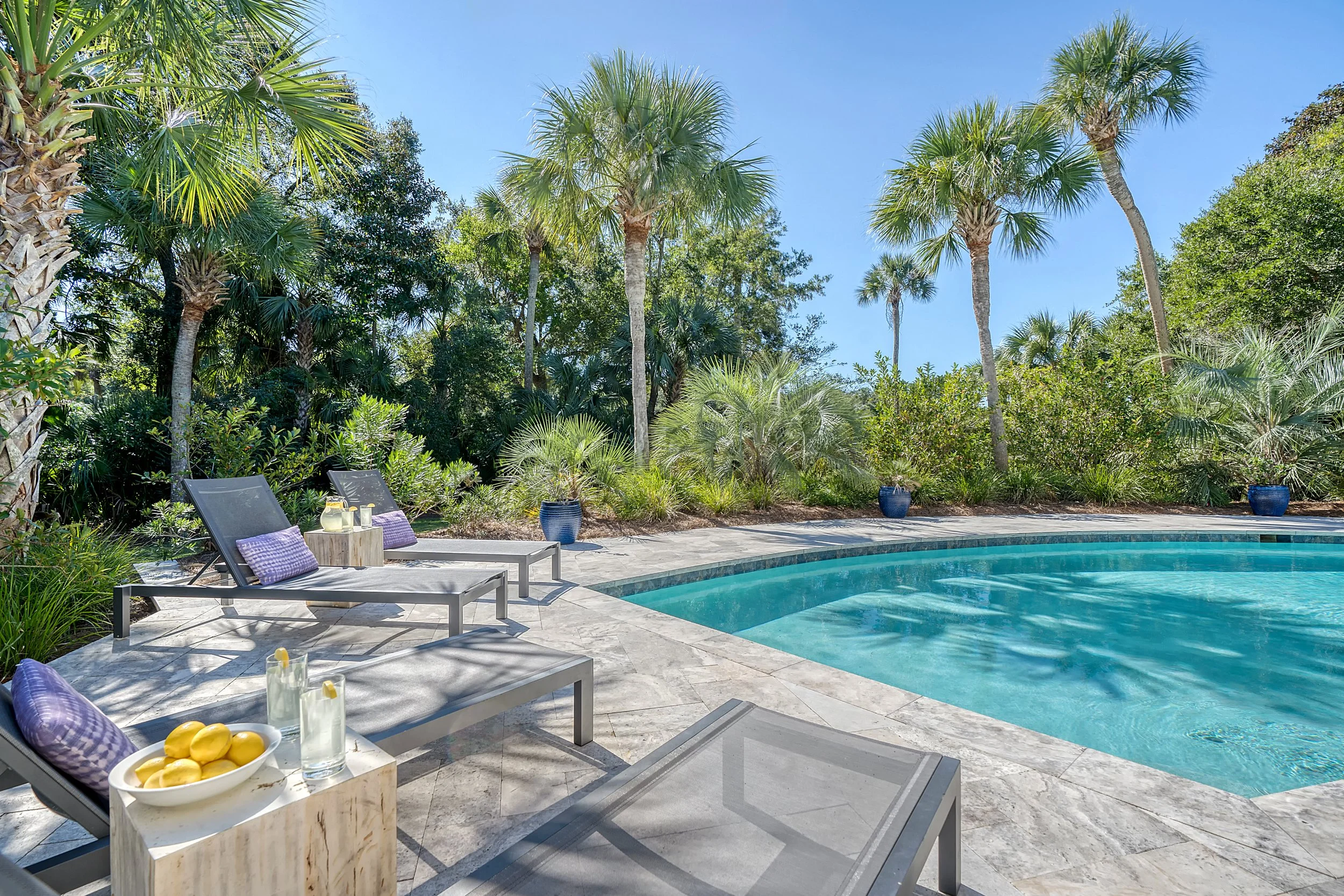 Poolside area with loungers, purple pillows, and potted plants, surrounded by tall palm trees and lush greenery under a clear blue sky.