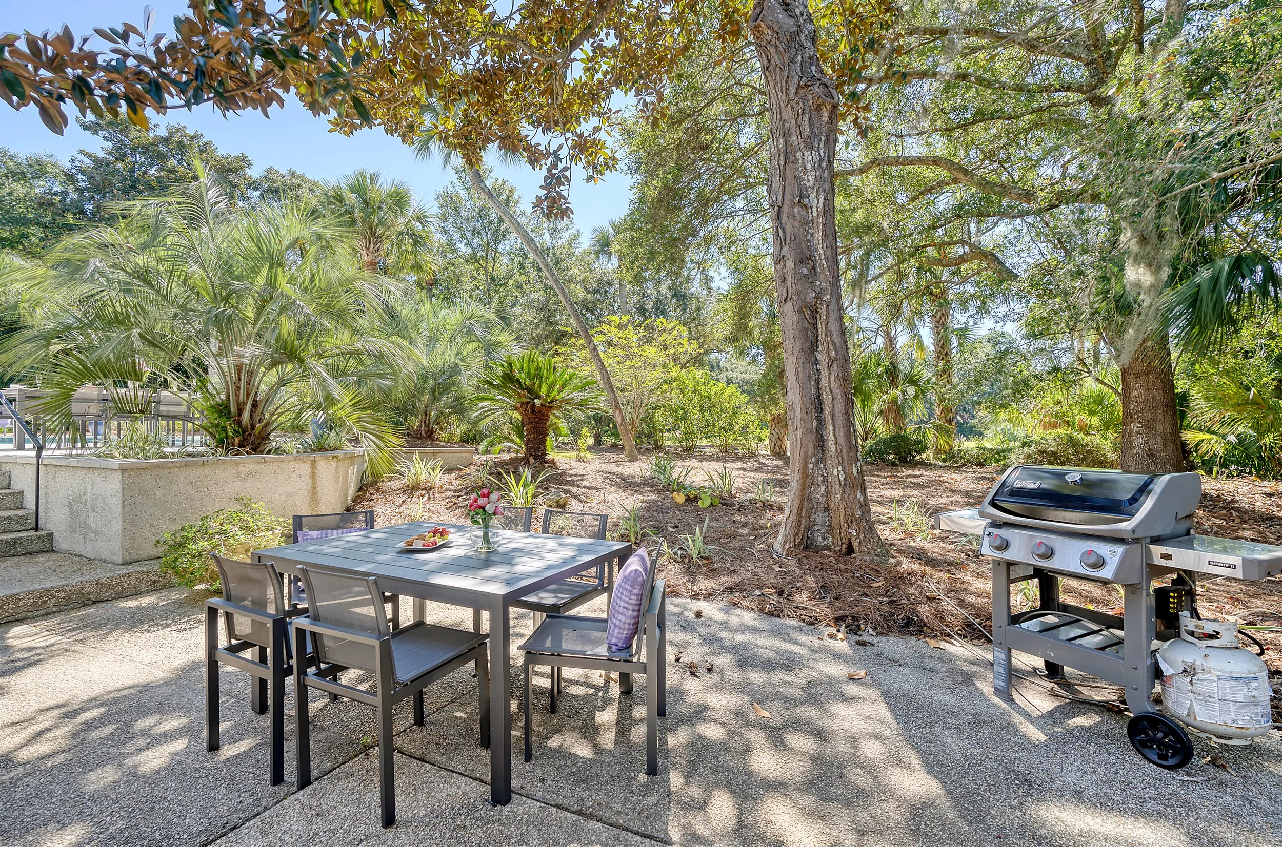 Outdoor patio with a dining table and chairs, a barbecue grill, surrounded by trees and lush greenery on a sunny day.
