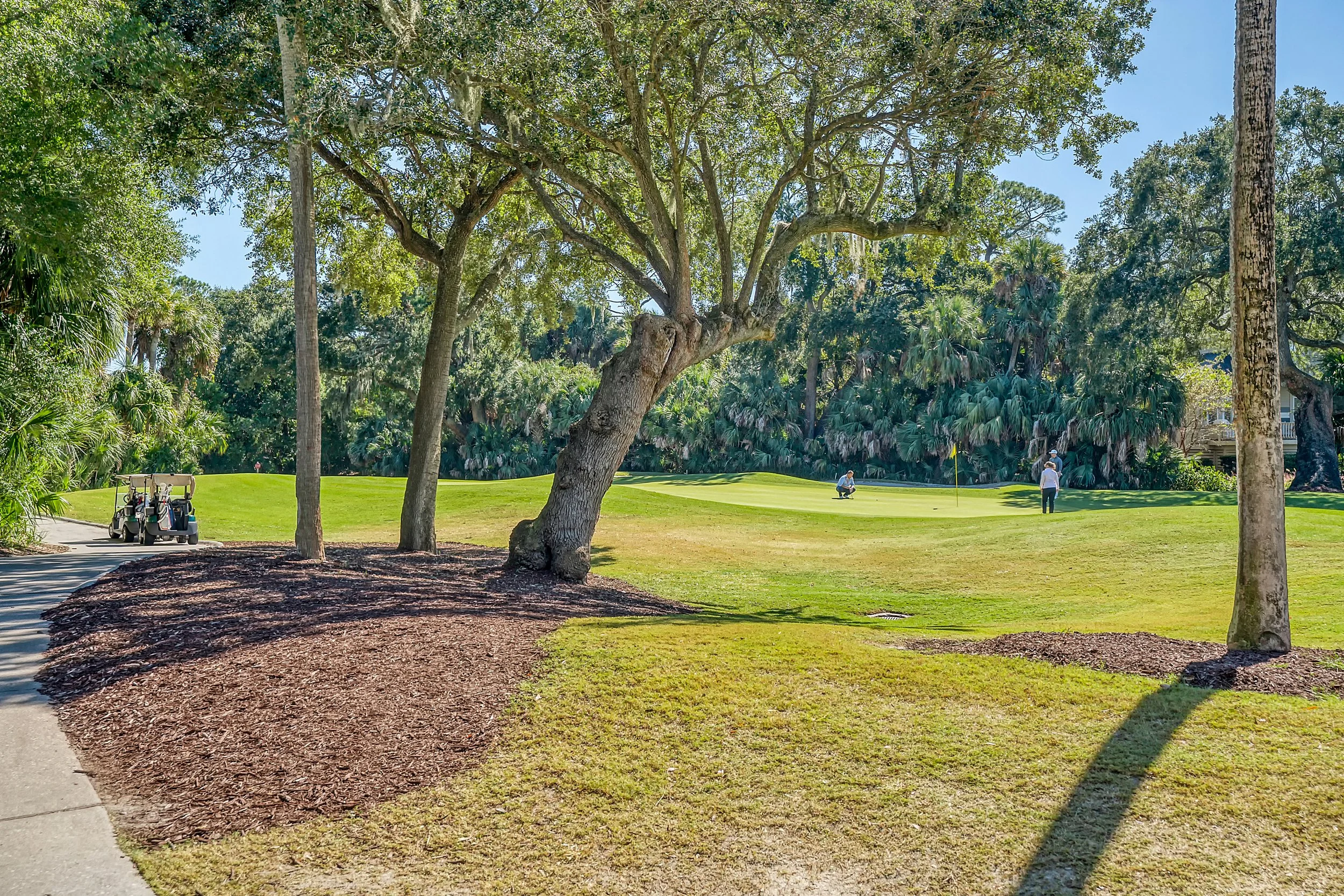 A golf course with lush green grass, tall trees, and a few people playing. Two golfers are near the hole, and a golf cart is parked on the paved path to the left.