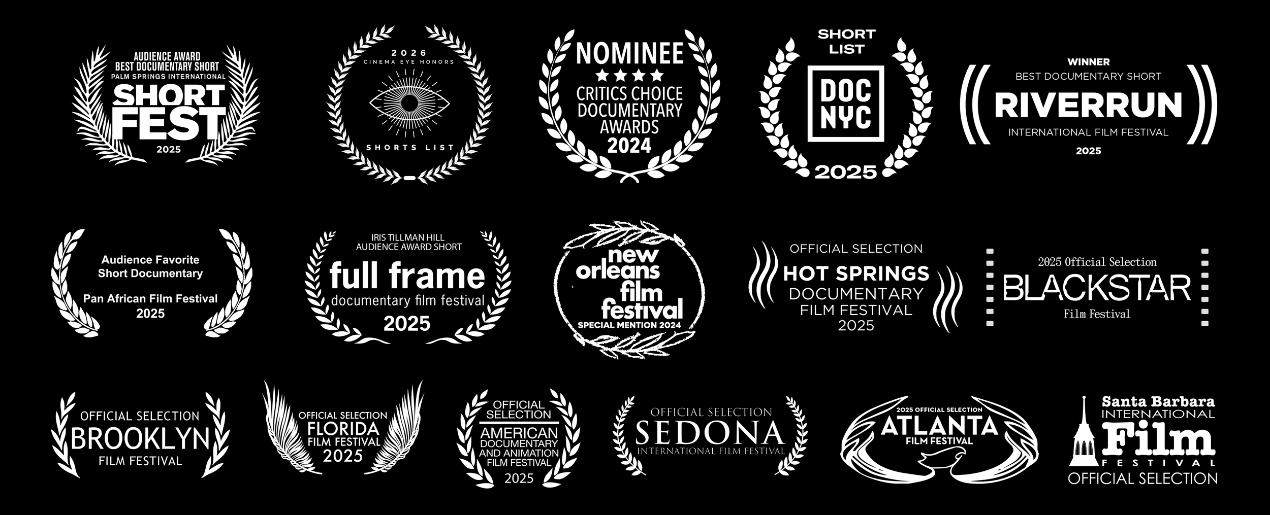 Collection of awards and festival selections in white text on a black background, recognizing various film festivals and short film achievements from 2024 and 2025.