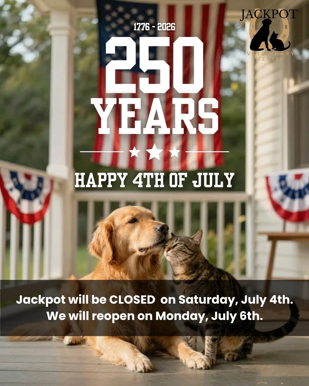 Happy Fourth of July from all of us at Jackpot Veterinary Center!🎆 

Fireworks may be fun for us, but they can be frightening for our pets. Keeping them safely indoors, making sure they have proper identification, and providing a calm, quiet space c