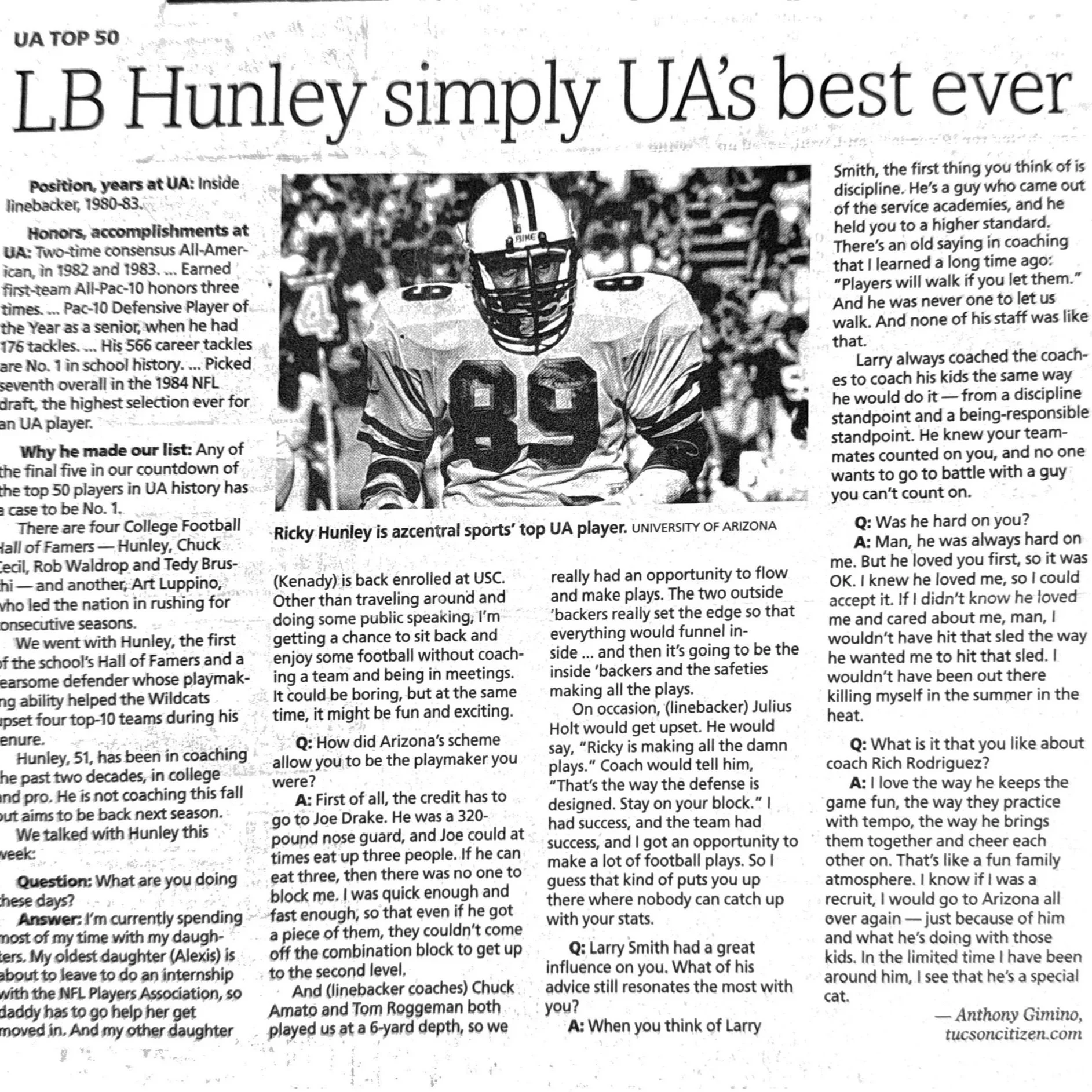 Hansen's Hundred, No. 14: Ricky Hunley was face of UA football