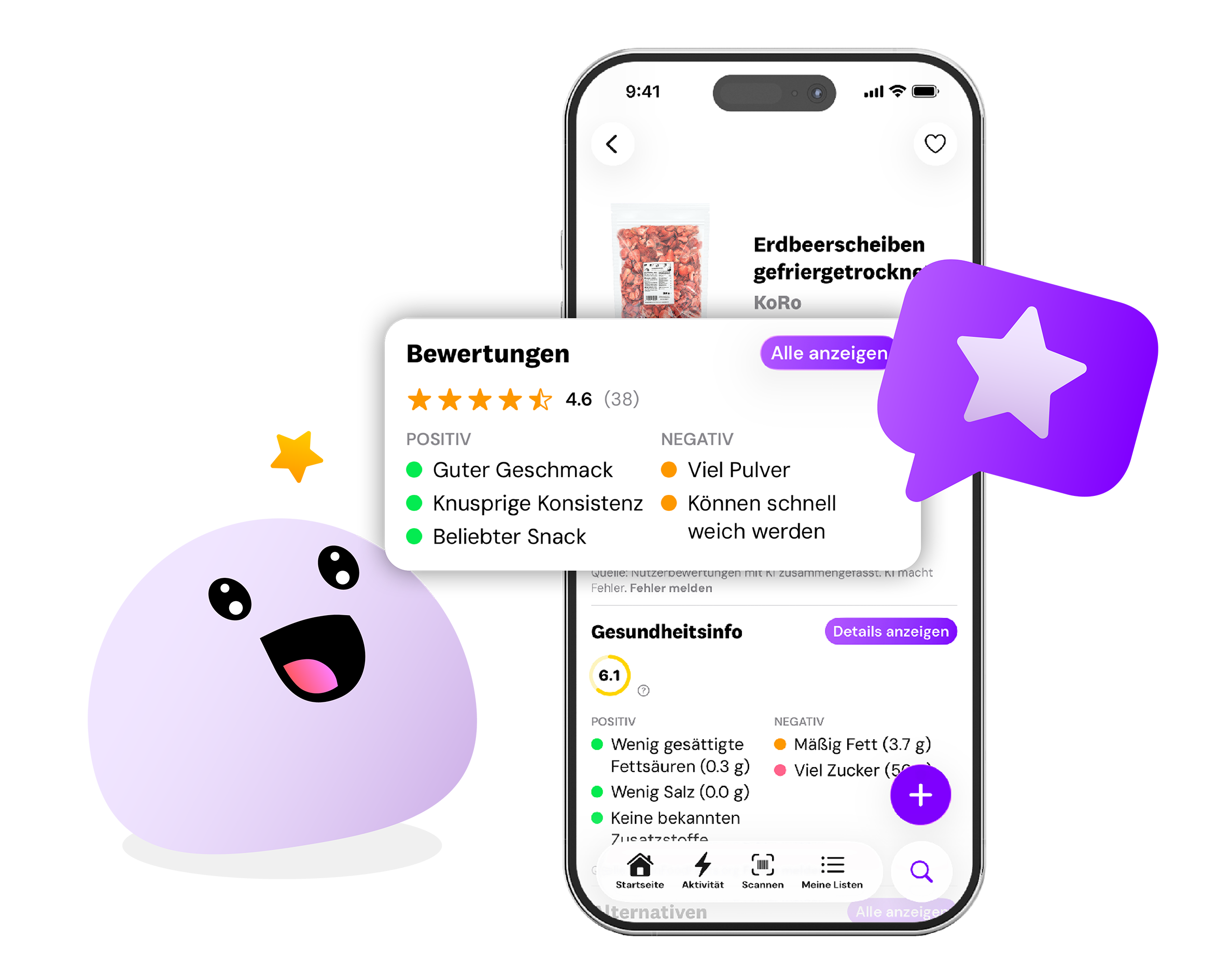 Mobiles Bildschirm mit Produktbewertungen, einer Produktbeschreibung von gefrorenen Erdbeerscheiben, einer Gesundheitsinformation mit Bewertung von 6,1 und einer Navigation mit Symbolen für Startseite, Aktivität, Scannen, Meine Listen und Suche. Eine cartoonartige, lila, runde Figur mit großen, schwarzen Augen und offenem Mund zeigt Freude.