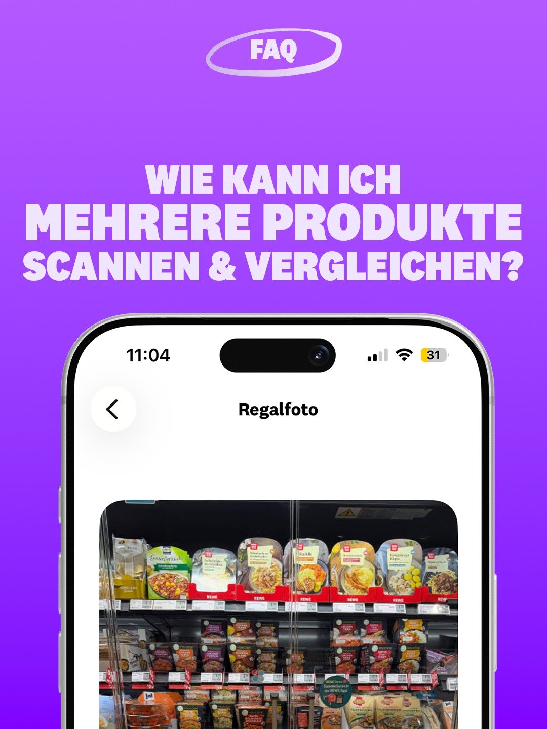 ❓🤔"Kann ich auch mehrere Produkte auf einmal vergleichen?"
✅ Klar kannst du! Mit dem Regalfoto Feature kannst du alle Produkte im Regal vergleichen. 

Und so geht's: 
1️⃣ Im Supermarkt ein ganzes Regal fotografieren mit dem Regalfoto-Featu