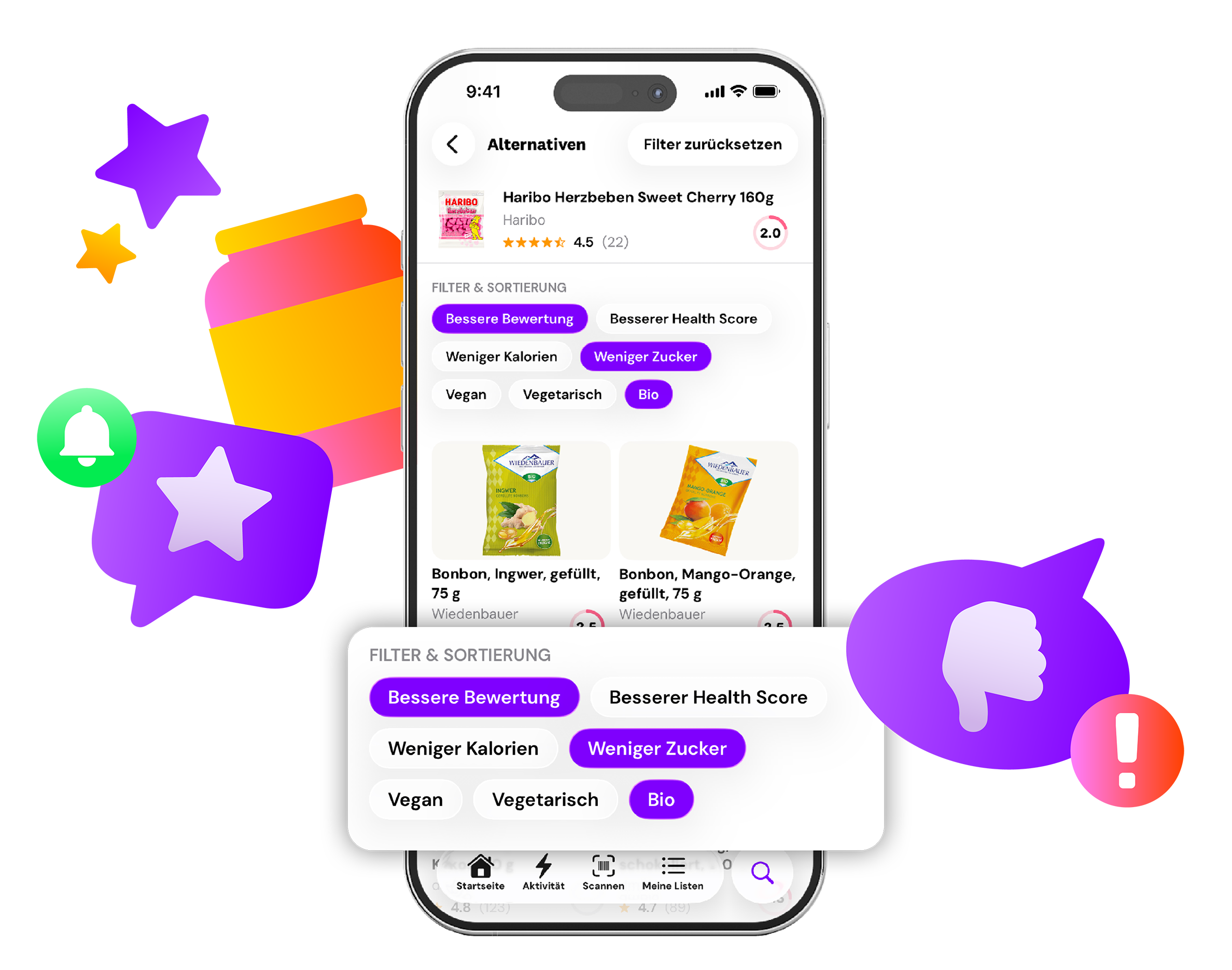 Smartphone-Display zeigt eine App mit Lebensmittelartikeln, Filteroptionen, Bewertungen und Produkten wie Ingwer- und Mangowackelpudding, umgeben von bunten Symbolen und Icons