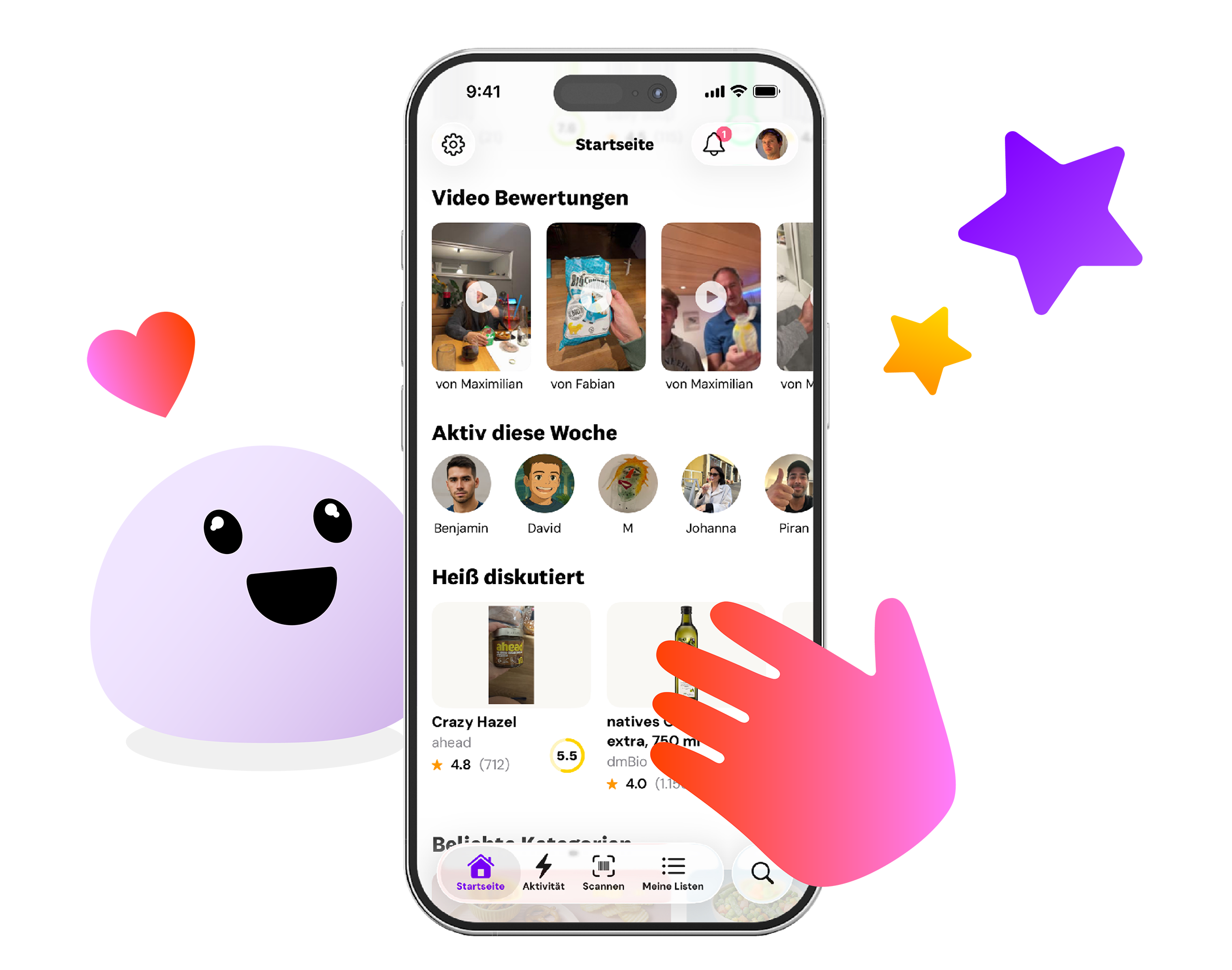 Screenshot einer mobilen App auf einem Smartphone mit verschiedenen Video-Bewertungen, aktiven Nutzern der Woche und Diskussionen über Produkte. Der Bildschirm zeigt Menüpunkte wie Startseite, Aktivität, Scannen, Meine Listen und Suche.
