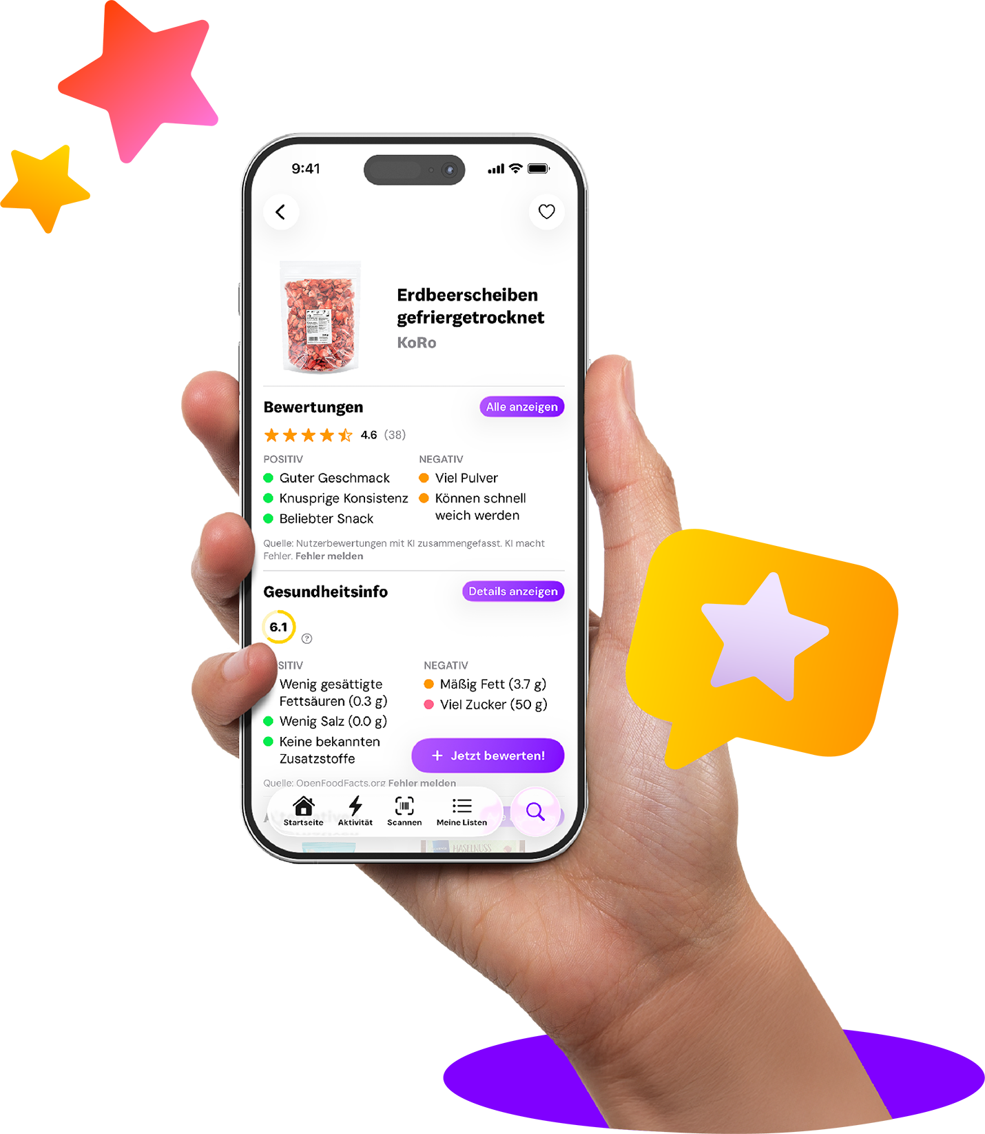 Ein Smartphone zeigt eine App mit Bewertungen und Gesundheitsinformationen zu gefriergetrockneten Erdbeerscheiben. Das Display enthält Sternebewertungen, positive und negative Kommentare, eine Gesundheitsbewertung sowie Angaben zu Fettsäuren, Zucker und Salz.