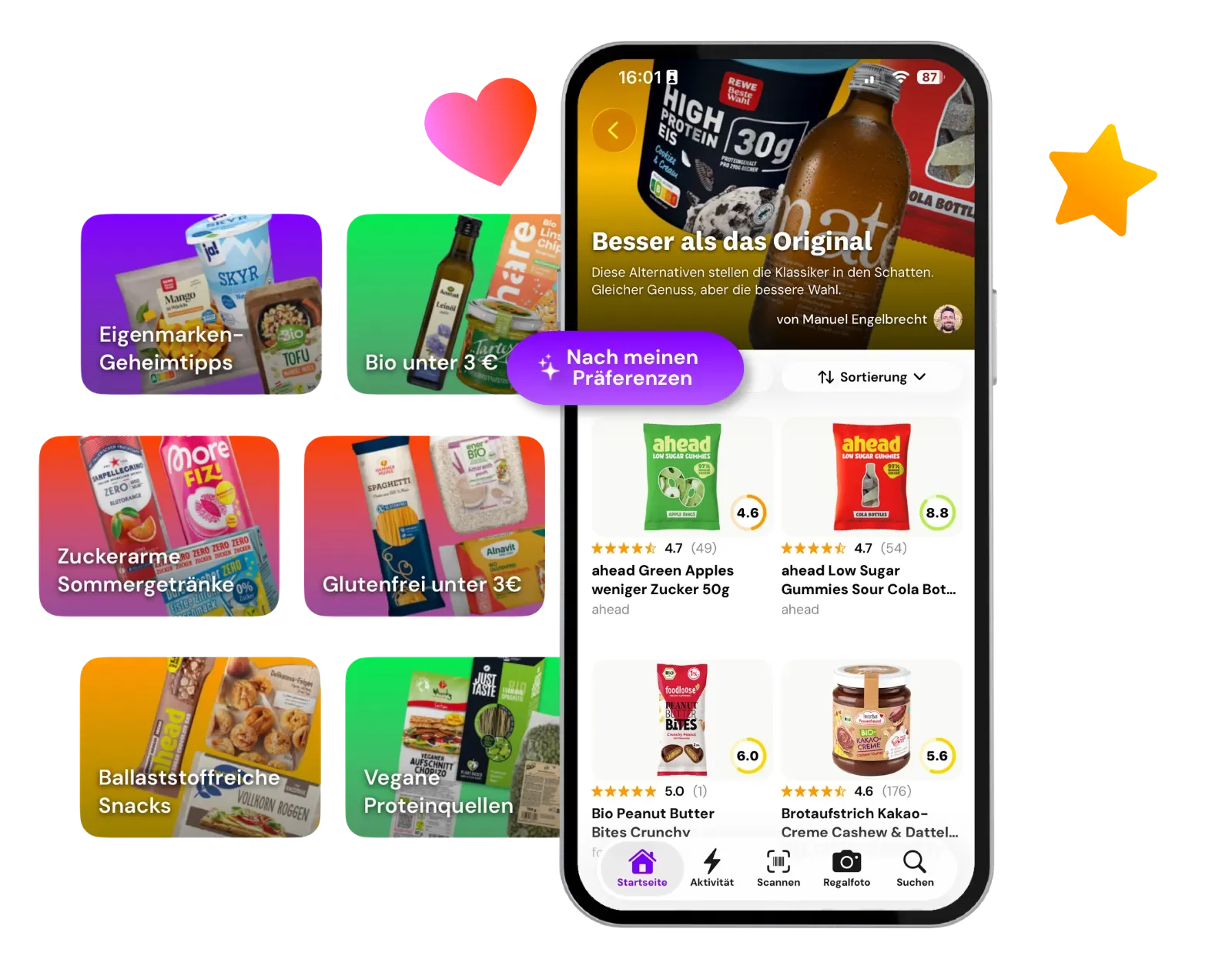 Auf einem Smartphone ist eine App für den Lebensmitteleinkauf mit verschiedenen gesunden Produkten zu sehen; im Hintergrund sind bunte Kategorie-Karten und Symbole zu erkennen.