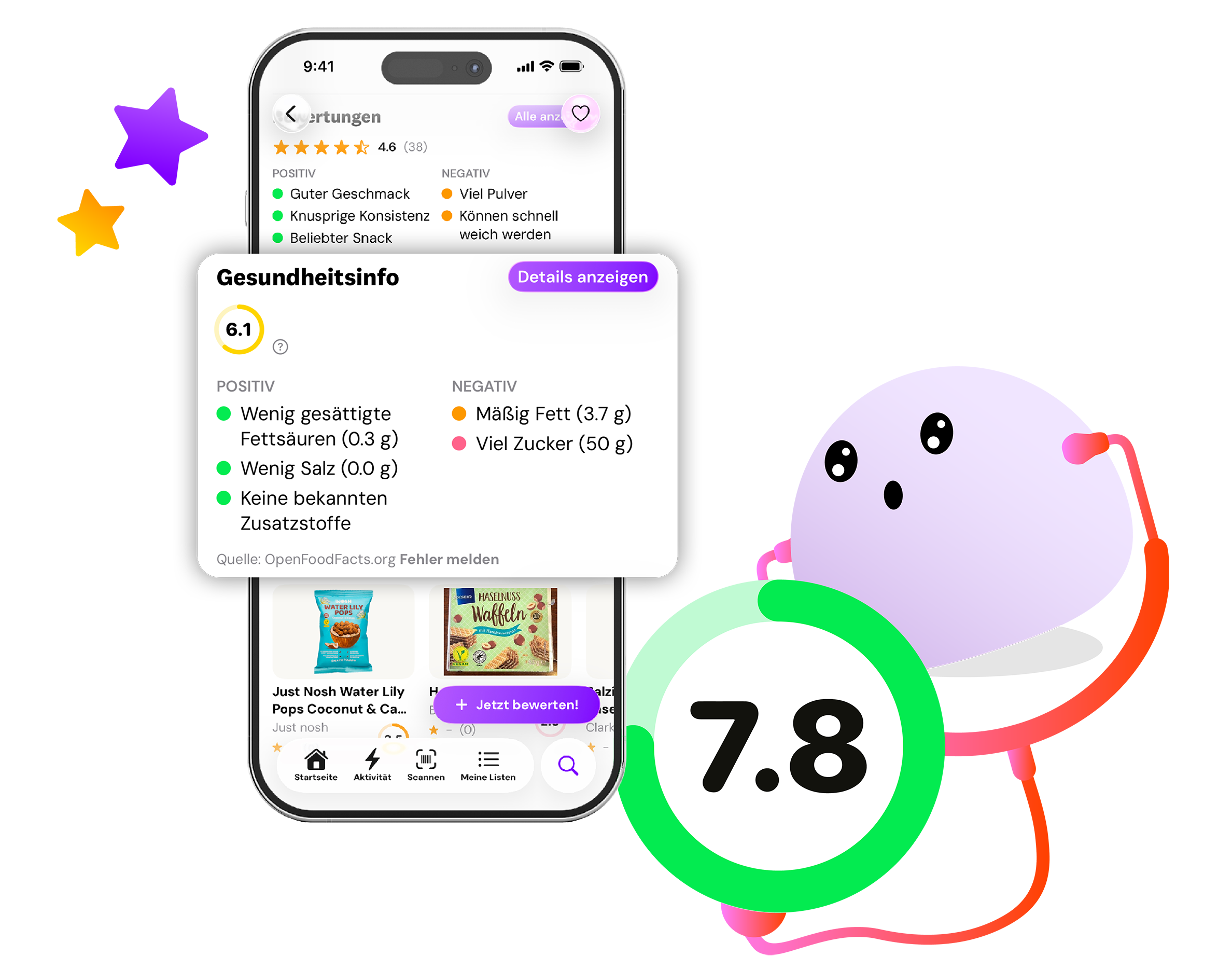 Eine digitale Bewertung eines Produkts, mit einer Gesundheitsnote von 6.1, einem allgemeinen Score von 7.8, und einer Bewertungsskala auf einem Smartphone-Bildschirm. Zudem sind Emoji-Gesichter und farbige Akzente sichtbar.