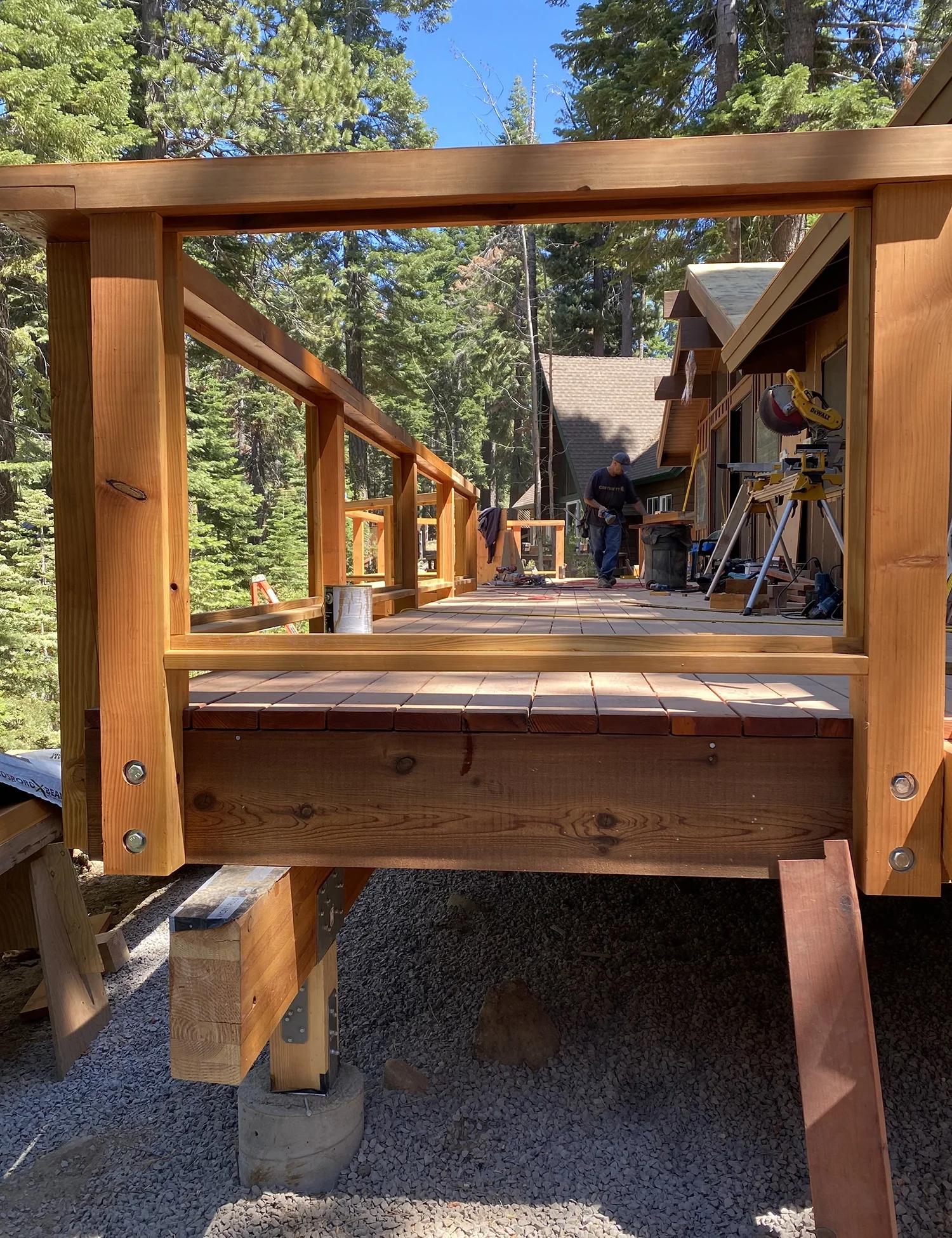 side view of first story deck no railings