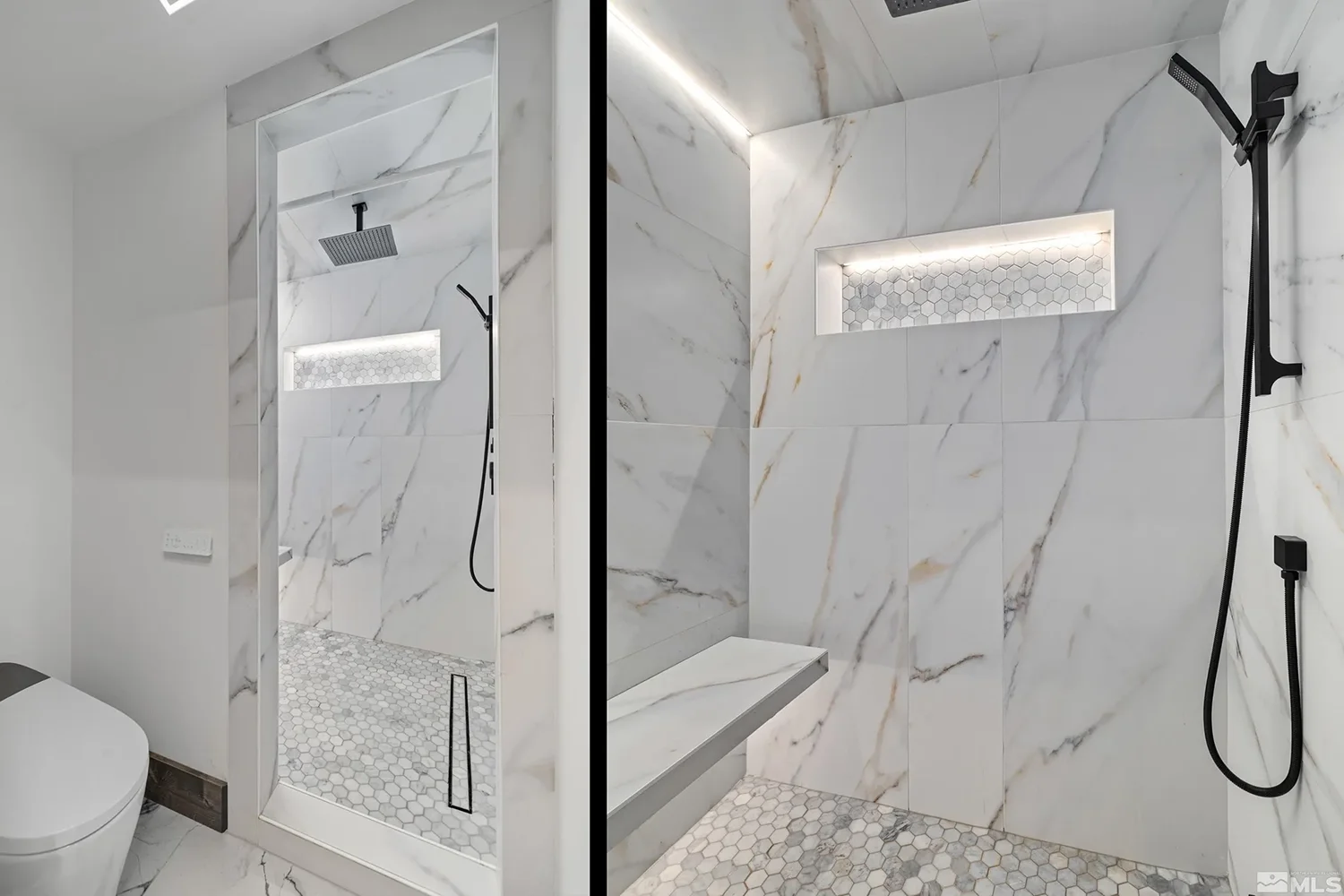 white marble bathroom with extra large shower