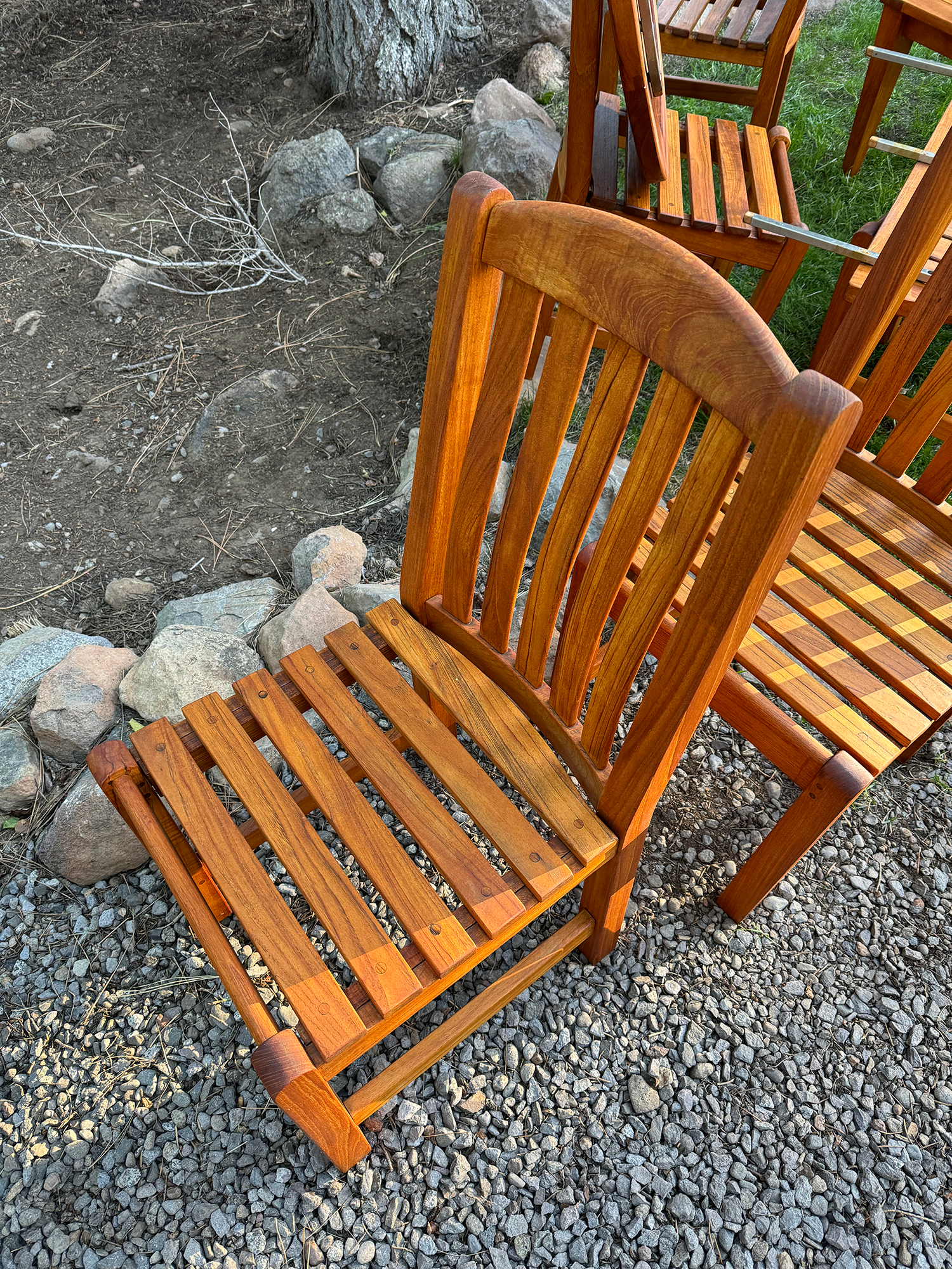 natural stained wood slat chairs