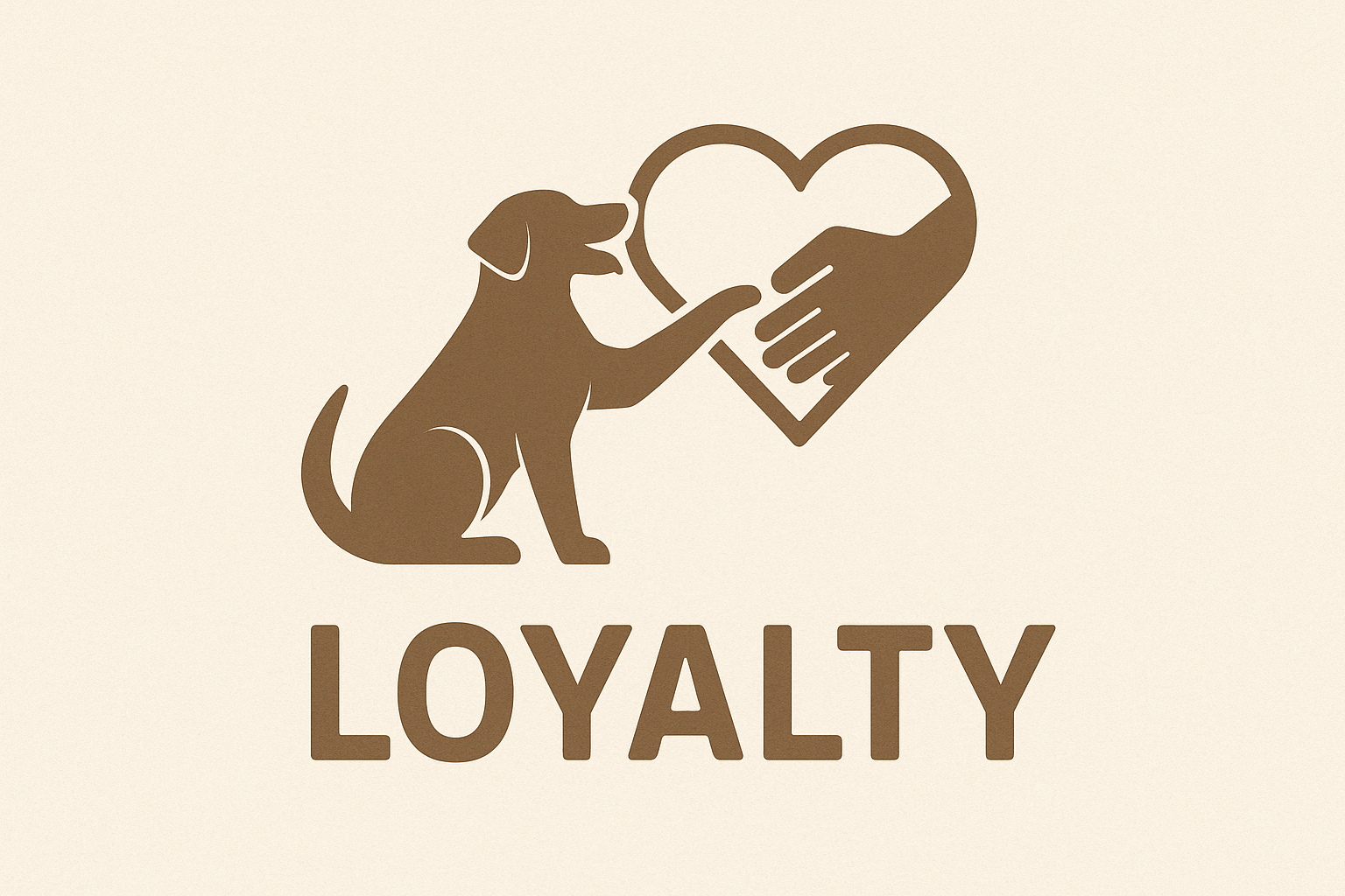 A brown silhouette of a dog holding a heart-shaped object with a hand, with the word loyalty underneath.
