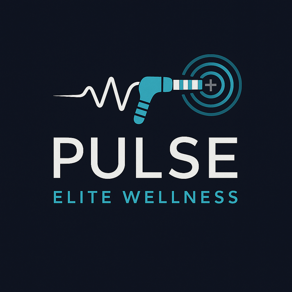 Pulse Elite Wellness logo featuring a shockwave therapy device (MSK probe) with a heartbeat line and target symbol, representing mobile wellness and treatment services.