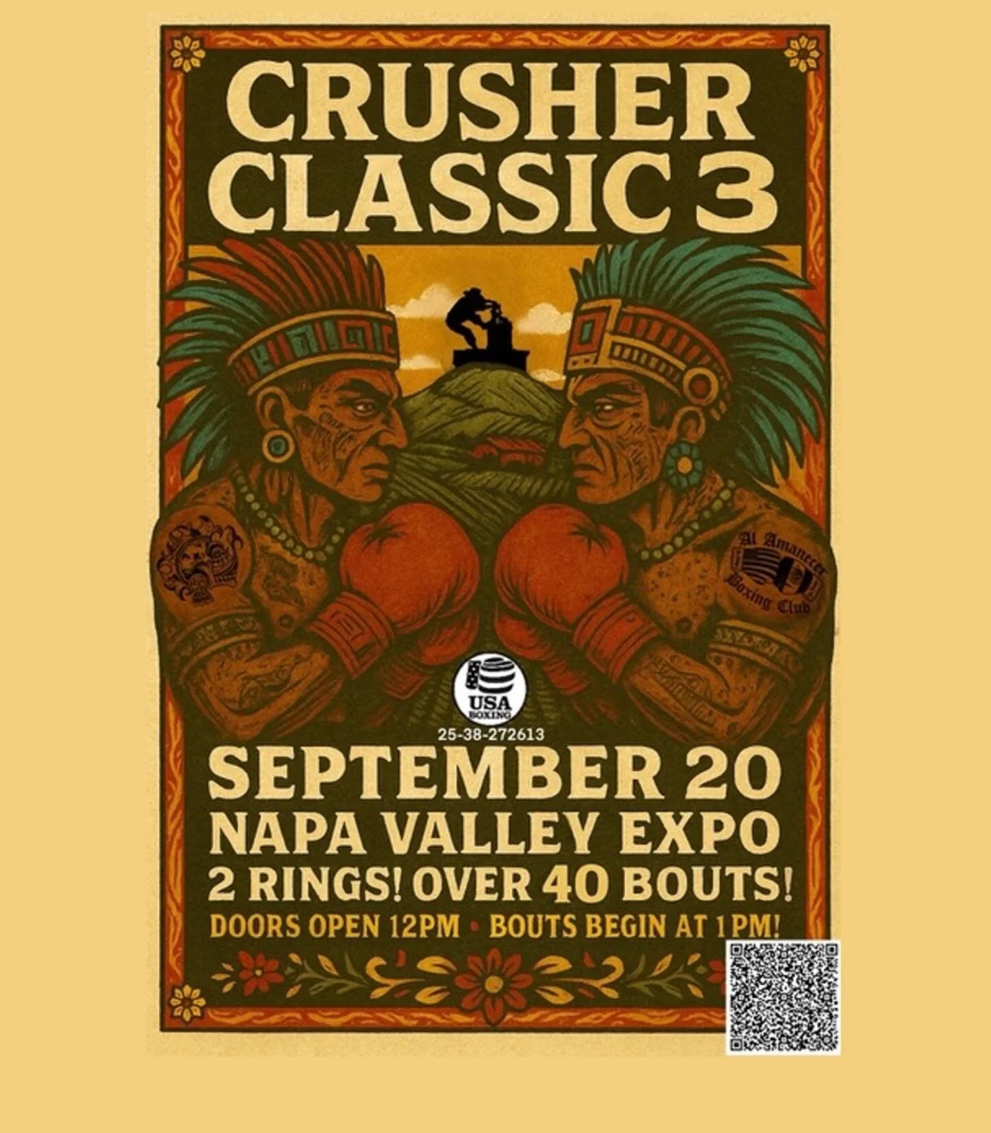 🌟 Get ready for an unforgettable day at the Crusher Classic 3! 🥊 Join us on September 20 at the Napa Valley Expo for an action-packed event featuring two rings and over 40 amazing bouts! 

📅 Doors open at 12 PM, and the first match kicks off at 1 
