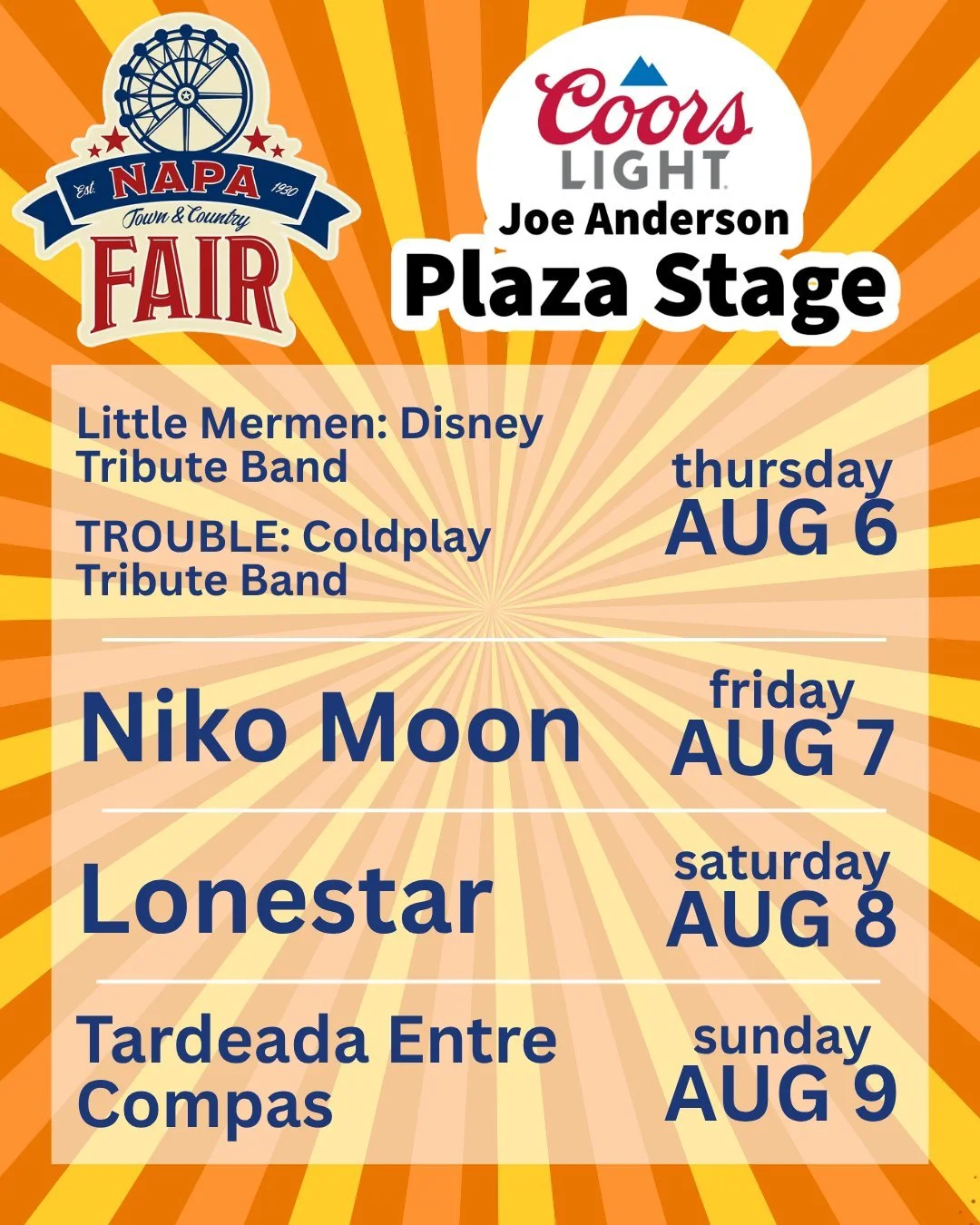 Check out our music lineup! With over 35 fantastic musical acts, the Napa Town &amp; Country Fair is the place to be for live music THIS WEEKEND!! See it all at napafair.org

@lonestarofficial @nikomoon @thelittlemermen @trouble_coldplay @regulocaro 