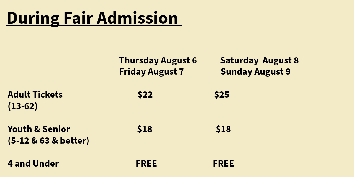 Information about fair admission prices and dates for Thursday August 6, Friday August 7, Saturday August 8, and Sunday August 9, including ticket prices for adults, youth, seniors, and free admission for children 4 and under.