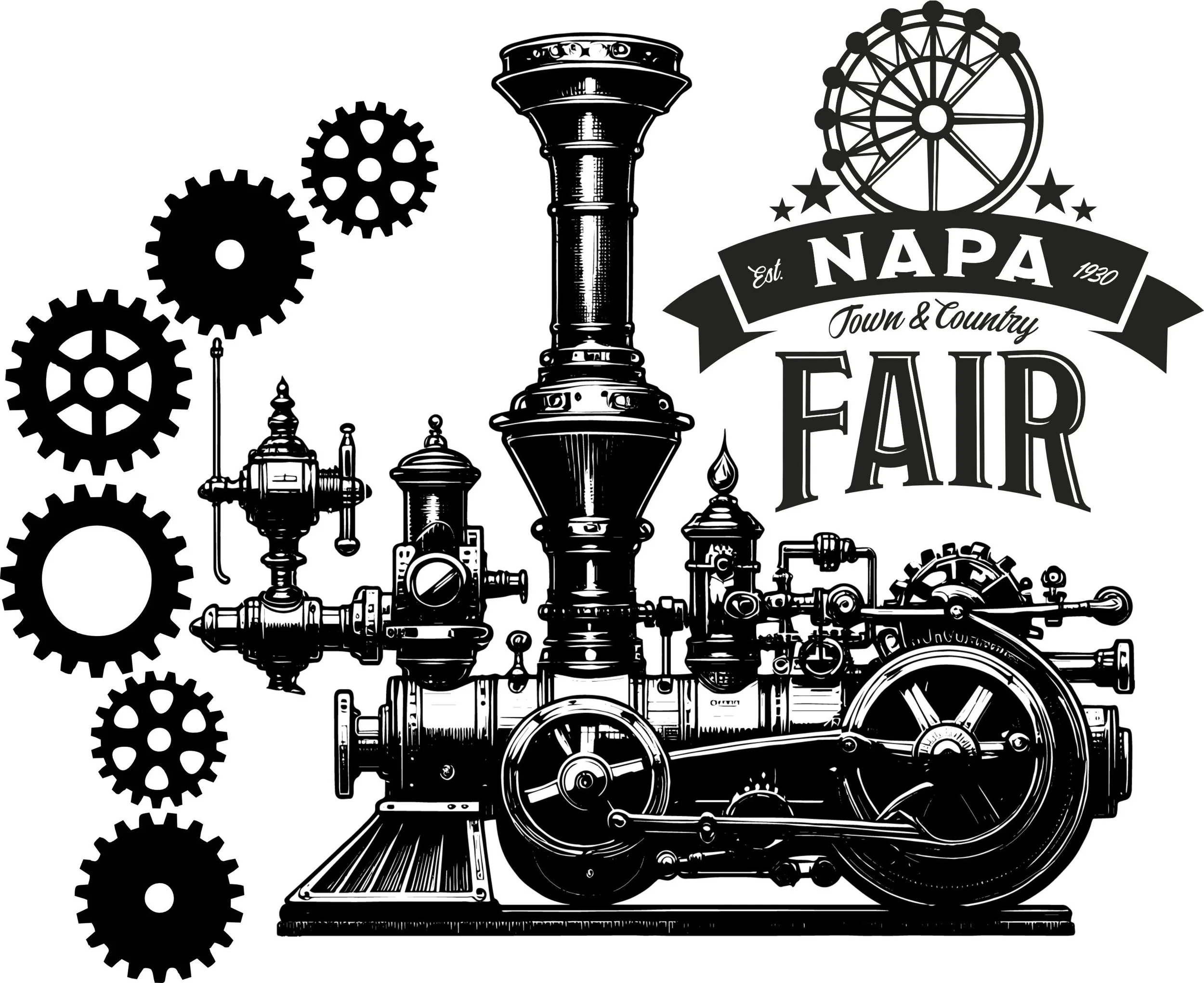 A black and white illustration of a vintage steam engine with gears, pipes, and a large wheel, along with a banner that says "NAPA Town & Country 1930" and a Ferris wheel in the background.