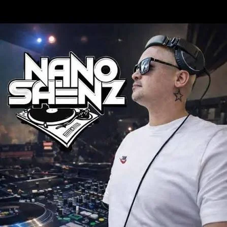 DJ wearing sunglasses and headphones at a nightclub, with the text 'Nano Saenz' and a turntable graphic to the left.