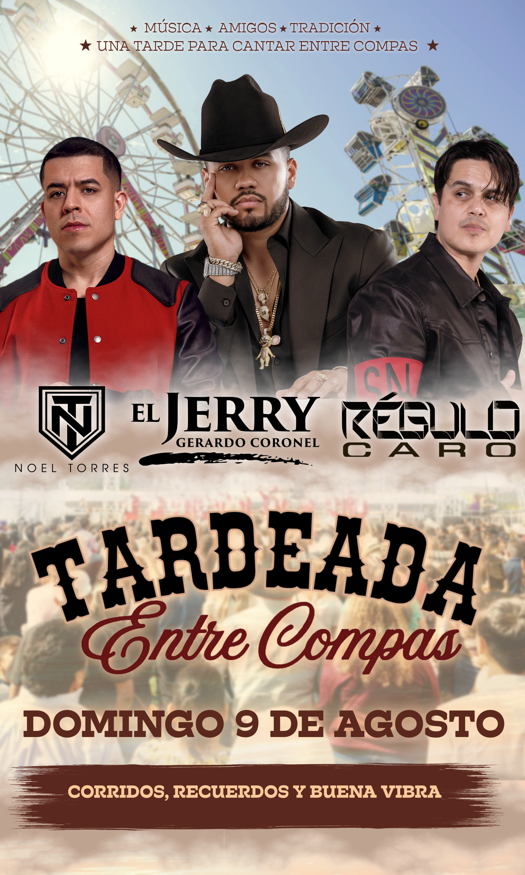 Festival poster featuring three musicians with amusement park rides in the background, promoting a torreador event on Sunday, August 9, with themes of music, friends, and tradition.