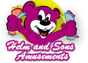 Logo for Helm and Sons Amusements featuring a purple bear holding various ice cream cones and popsicles, with pink and white text.
