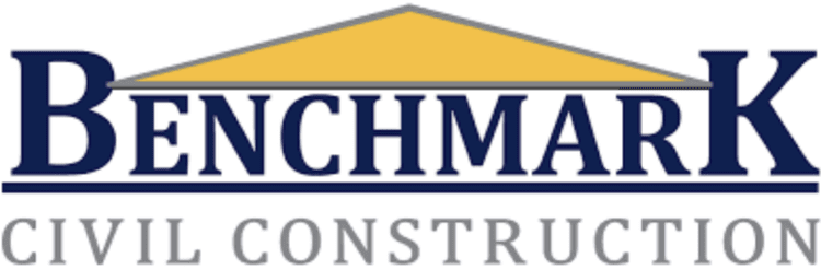 Benchmark Civil Construction logo with a yellow roof graphic above the company name in large blue letters, and 'Civil Construction' in gray below.