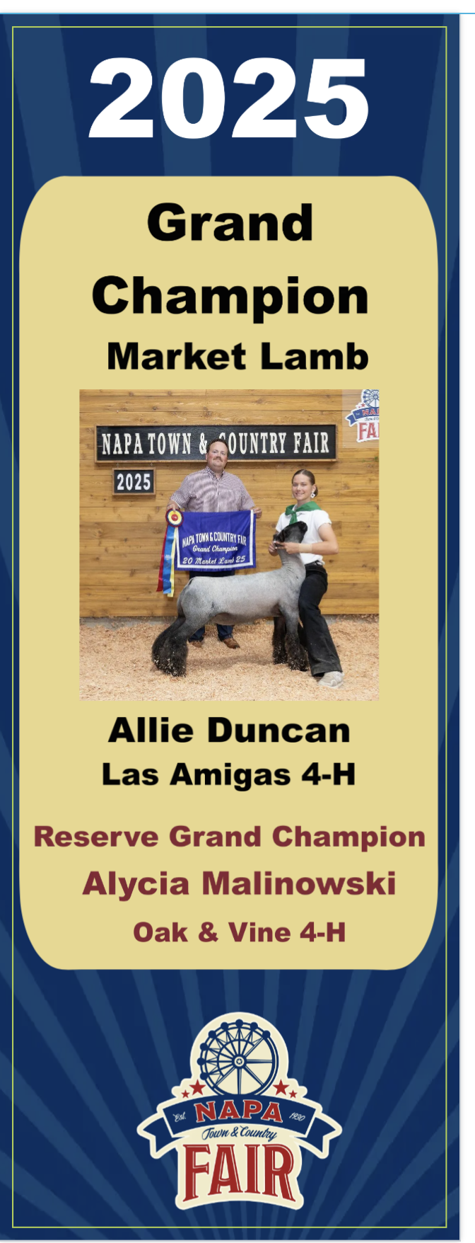 Award certificate from 2025 Napa Town and Country Fair for Grand Champion Market Lamb. Features a photo of a man and a woman with a lamb, holding a ribbon and a blue championship banner.