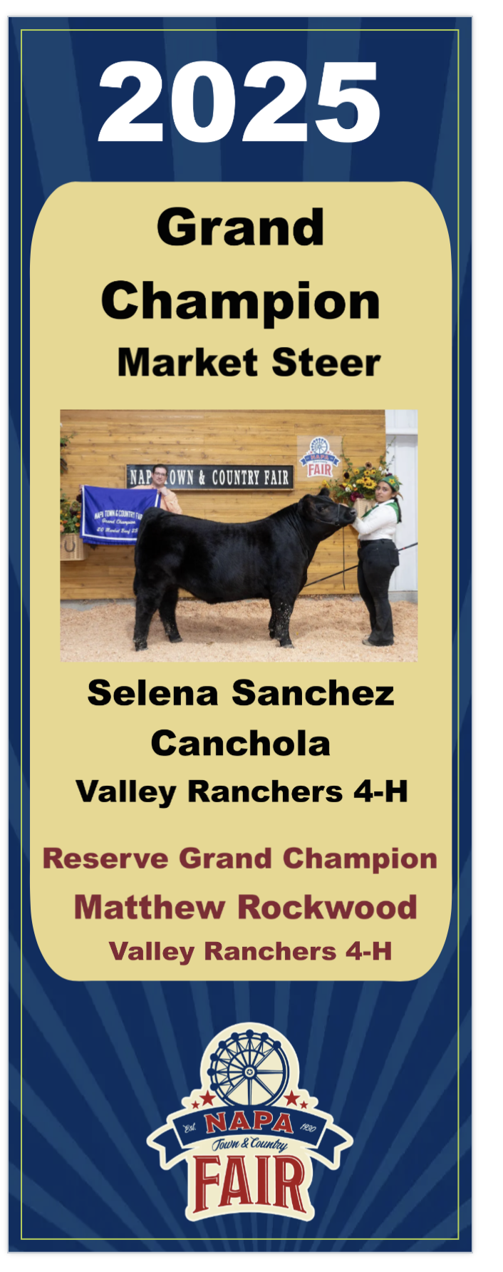 Award ribbon for the 2025 Napa Town & Country Fair grand champion Market Steer, awarded to Selena Sanchez Canchola of Valley Ranchers 4-H, with a photo of the steer and the fair's logo.