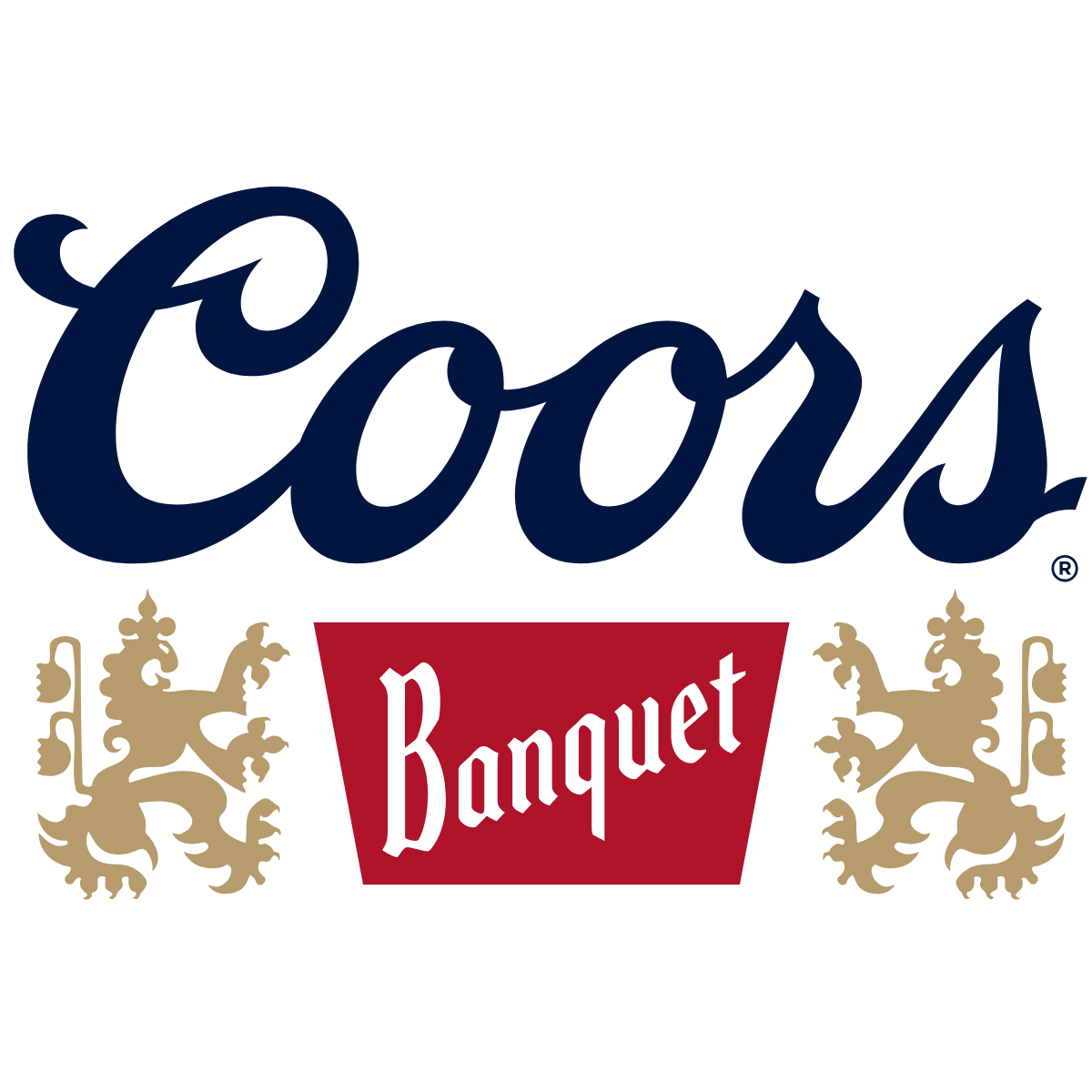 Coors Banquet logo with navy blue script, gold lions, and red banner.
